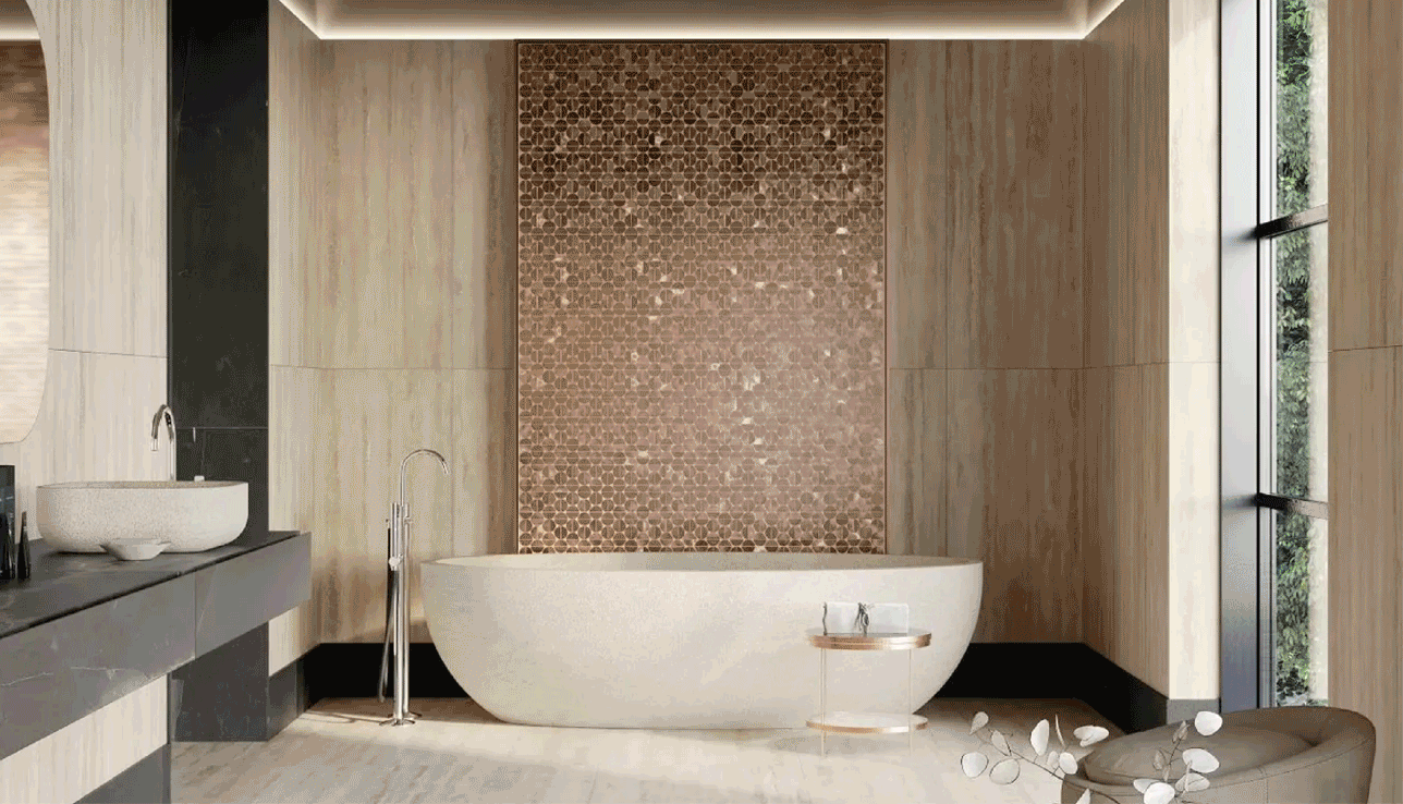 Modern bathroom with a freestanding bathtub against a textured wall, a black countertop with a white vessel sink, and large windows allowing natural light.