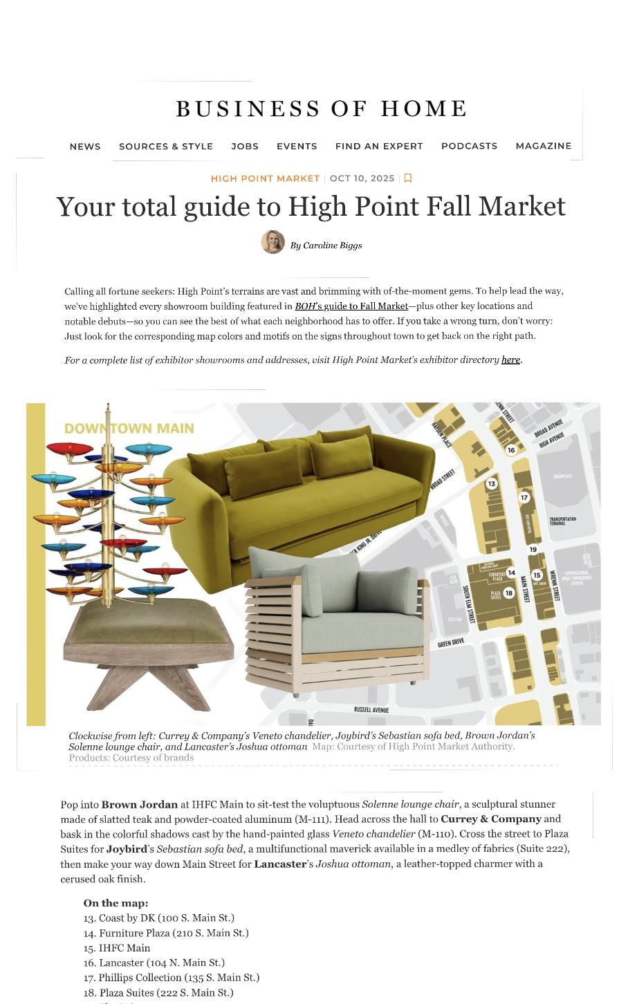 Article from 'Business of Home' titled 'Your total guide to High Point Fall Market' showing a map of downtown High Point with colorful furniture pieces: a yellow sofa, a gray armchair, and a colorful sculptural chandelier. The map highlights locations like Coast by DK, Furniture Plaza, IHFC, Lancaster, Phillips Collection, and Plaza Suites.