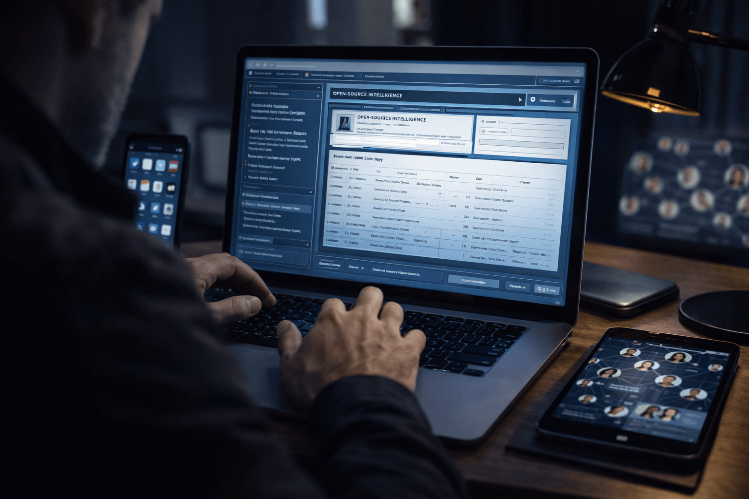 An investigator at a computer conducting online open source analysis to draw connections between people and places.