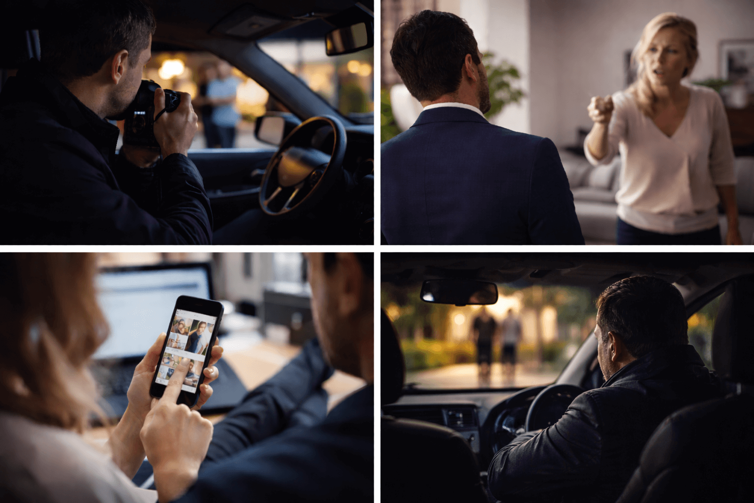 A quadrant of four images. Top left is of an investigator taking pictures. Top right is of a couple arguing. Bottom left is a man and woman looking at a phone. Bottom right are investigator doing surveillance.
