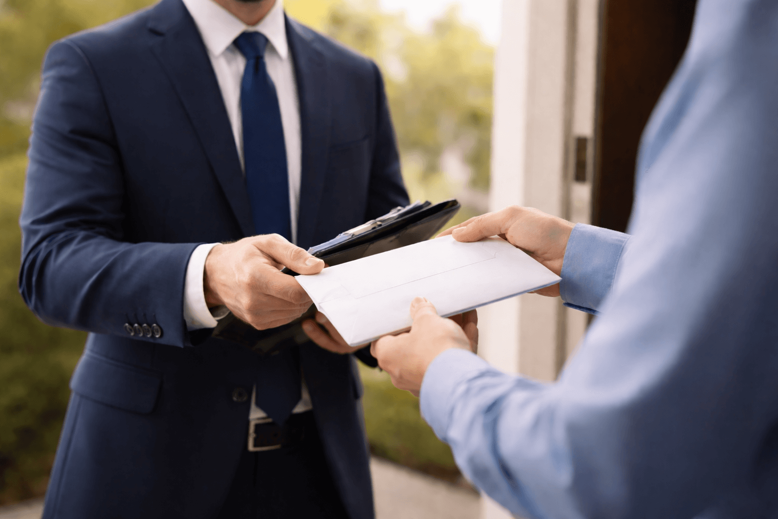 An image of a professional investigator serving legal papers to a subject. The legal professional is wearing a blue suite and tie and the subject is being given papers and is wearing a light blue shirt.