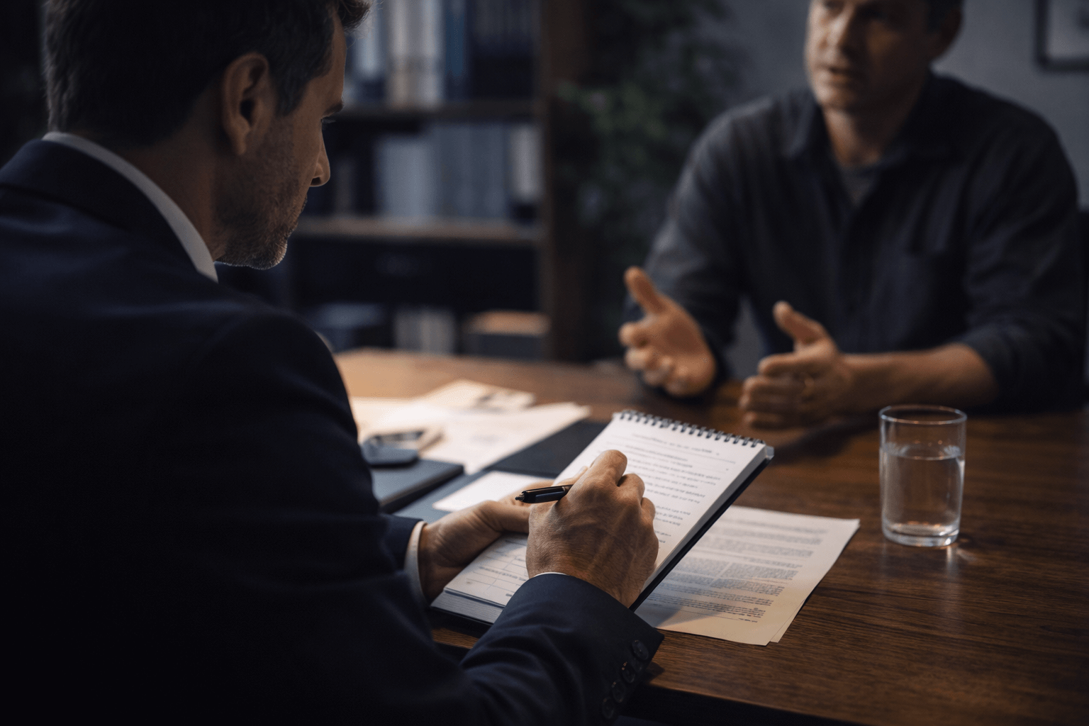 Two men speaking where an investigator is interviewing the other male at a table. The investigator is taking notes as they both sit at a table.