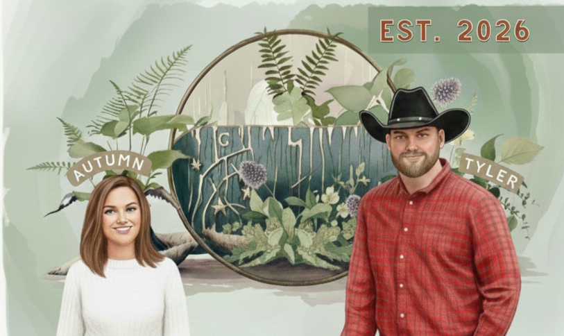 A photo of a woman and a man in front of a decorative background with ferns and plants. The woman is identified as Autumn, and the man as Tyler, wearing a cowboy hat. The background includes the name "Caitlin" and the establishment date "EST. 2026."