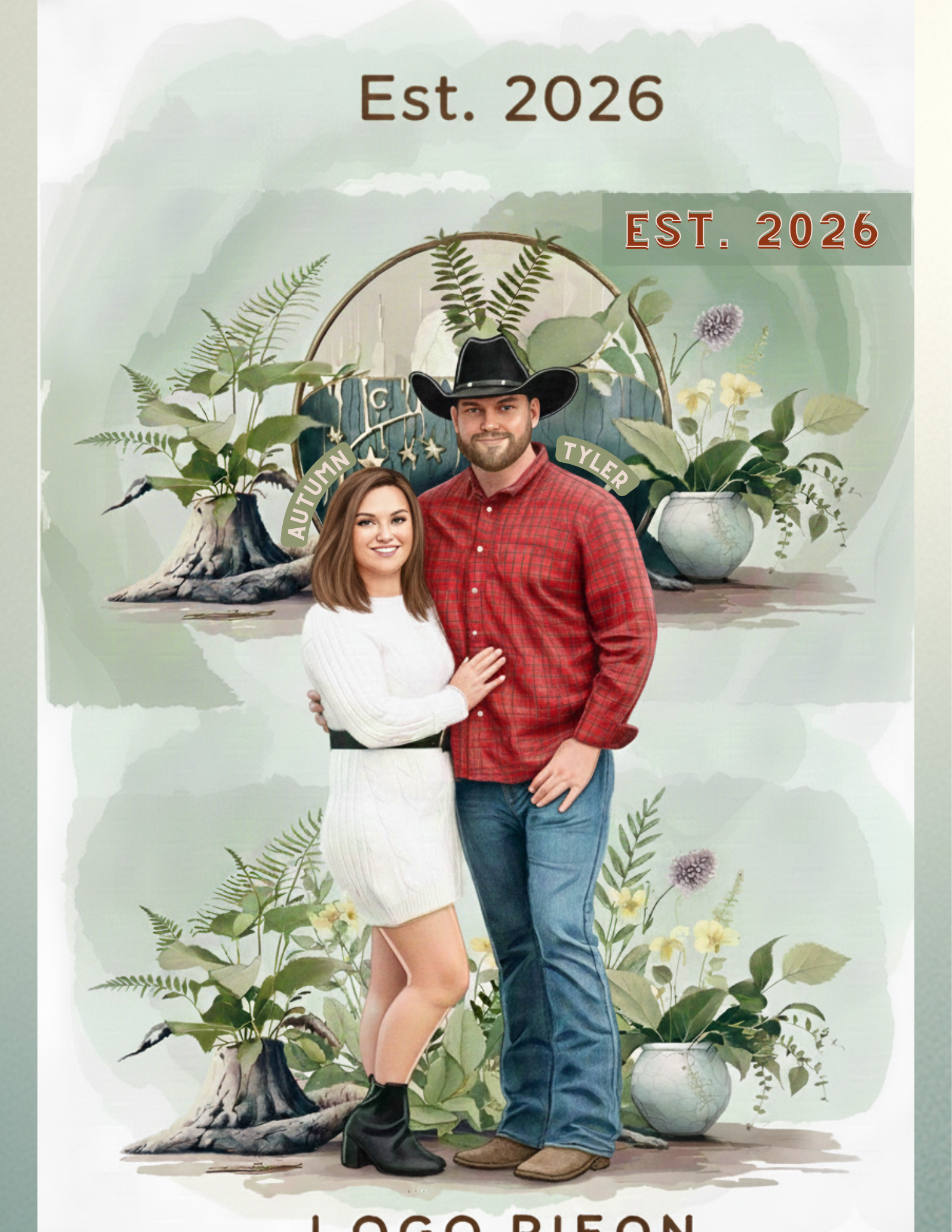 A couple standing in front of a decorative background with greenery and vases, with the man wearing a cowboy hat and the woman in a white dress, both smiling. The background has text that says 'Est. 2026' and 'Autumn Tyler'.