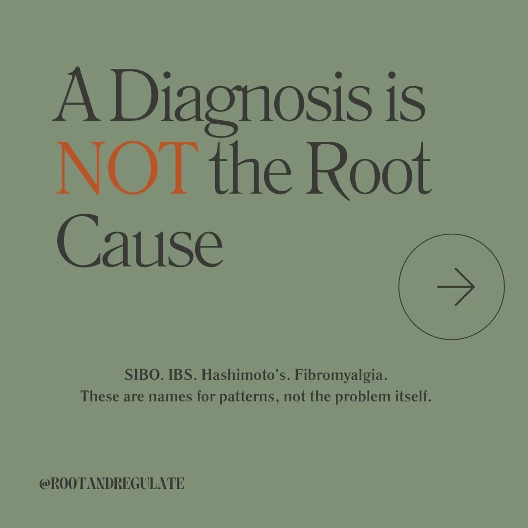 A diagnosis isn&rsquo;t the root cause.
It&rsquo;s a description of what&rsquo;s happening in the body.

SIBO, IBS, Hashimoto&rsquo;s, fibromyalgia. These are names for patterns, not the problem itself.

Take SIBO for example. Bacteria didn&rsquo;t j