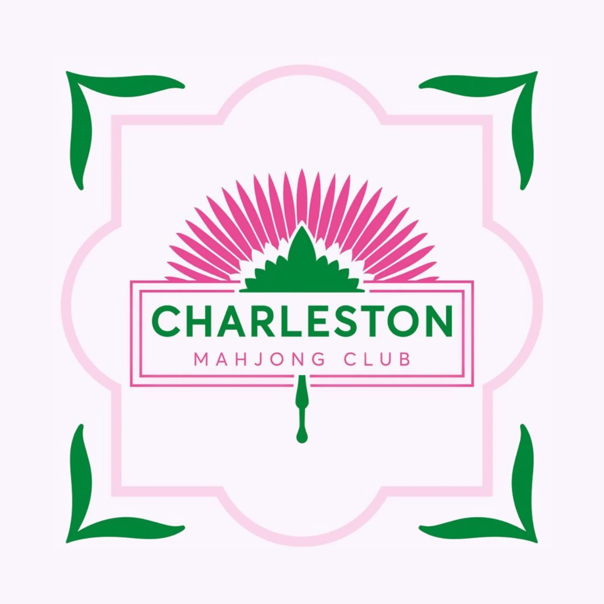 Logo for Charleston Mahjong Club featuring a pink and green design with decorative elements.