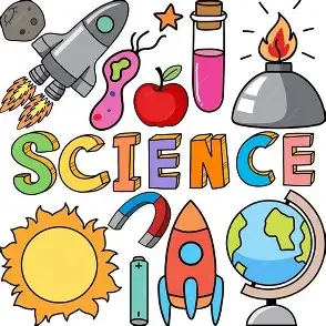 Colorful illustration of science-related icons including a rocket, a test tube, a apple, a matchstick, a flame on a stove, a sun, a magnet, a pen, a globe, and the word 'SCIENCE' in multicolored letters.