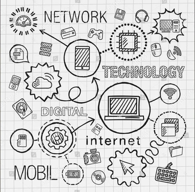 Sketch diagram illustrating network, digital technology, internet, and mobile concepts with icons of devices, clouds, gears, and connection lines on graph paper.