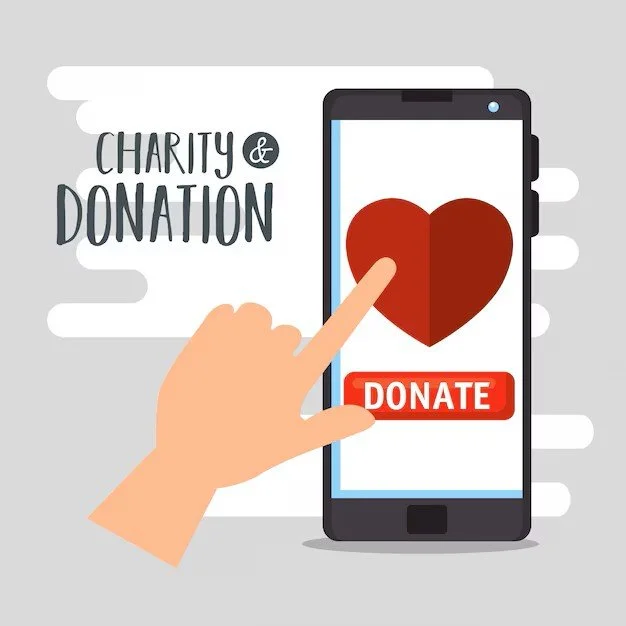 Illustration of a hand tapping a 'Donate' button on a smartphone screen with a heart icon, with the text 'Charity & Donation' in the background.