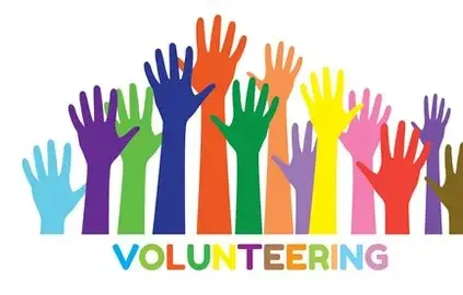 Multiple colorful raised hands with the word 'VOLUNTEERING' below.