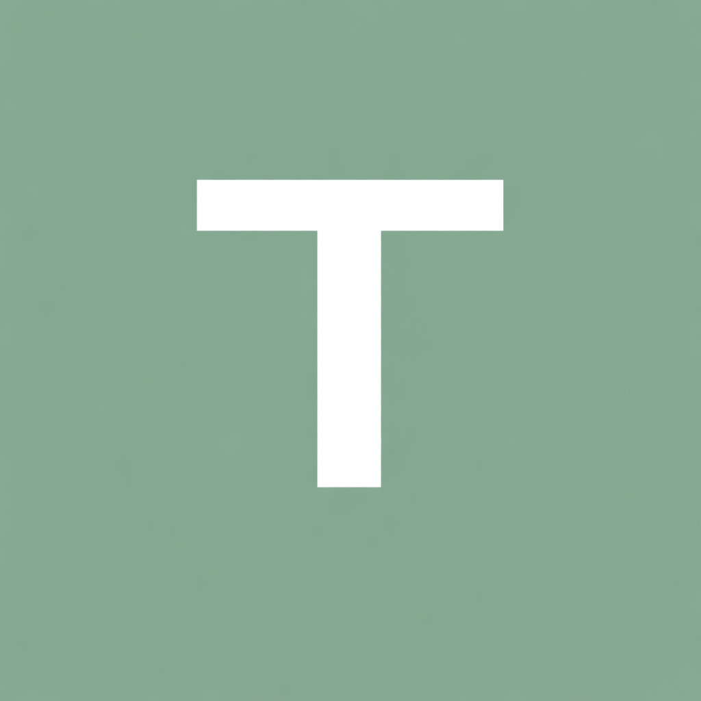 Large white letter T on a light green background.