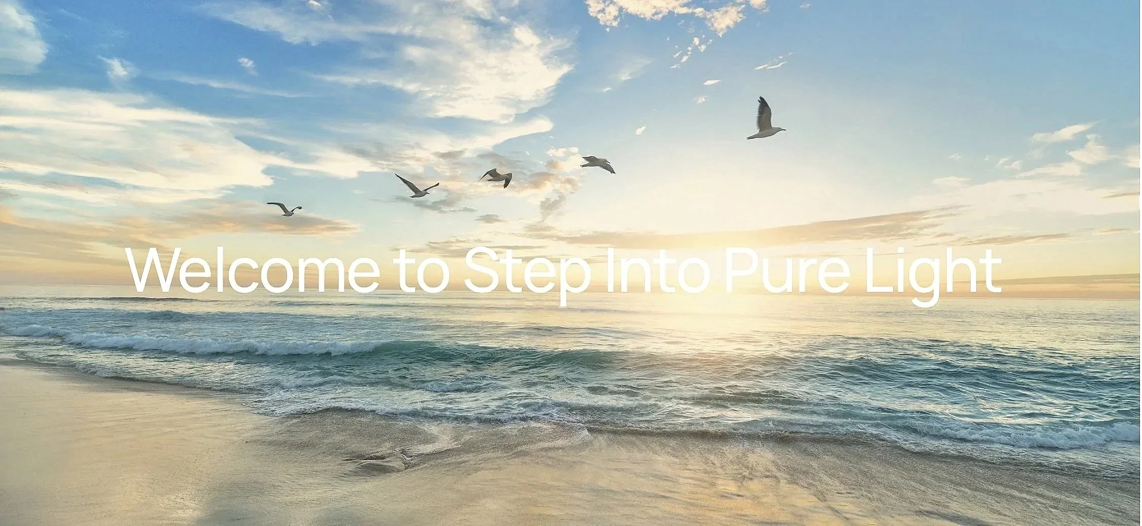 Beach scene with gentle waves, seagulls flying in the sky, and the sun setting on the horizon, with the text 'Welcome to Step Into Pure Light' overlayed.