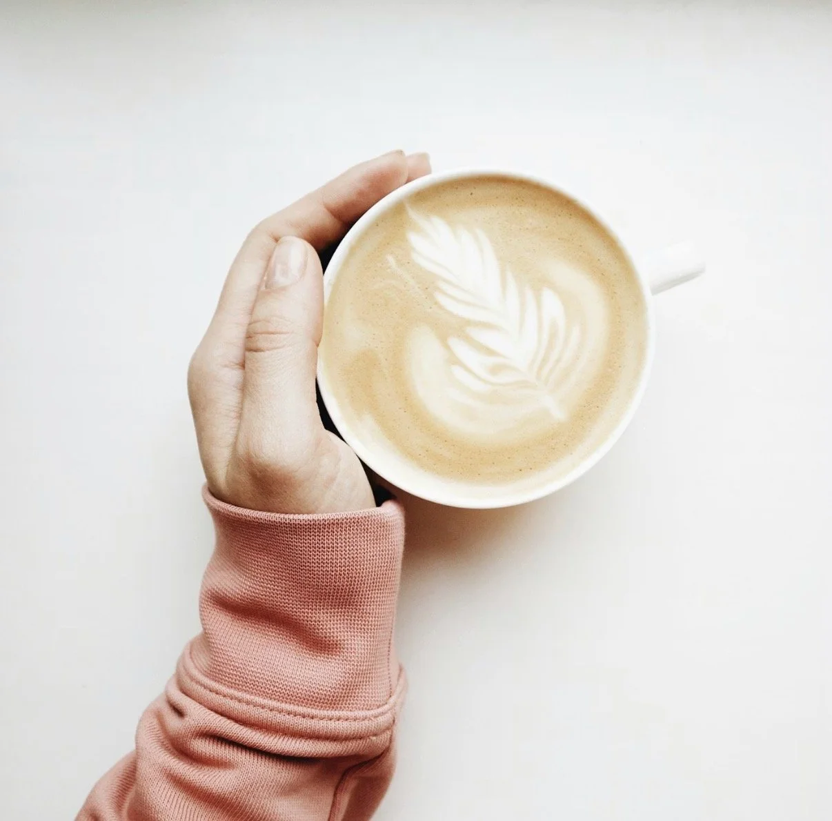 A hand holding a cup of latte with a leaf latte art design.