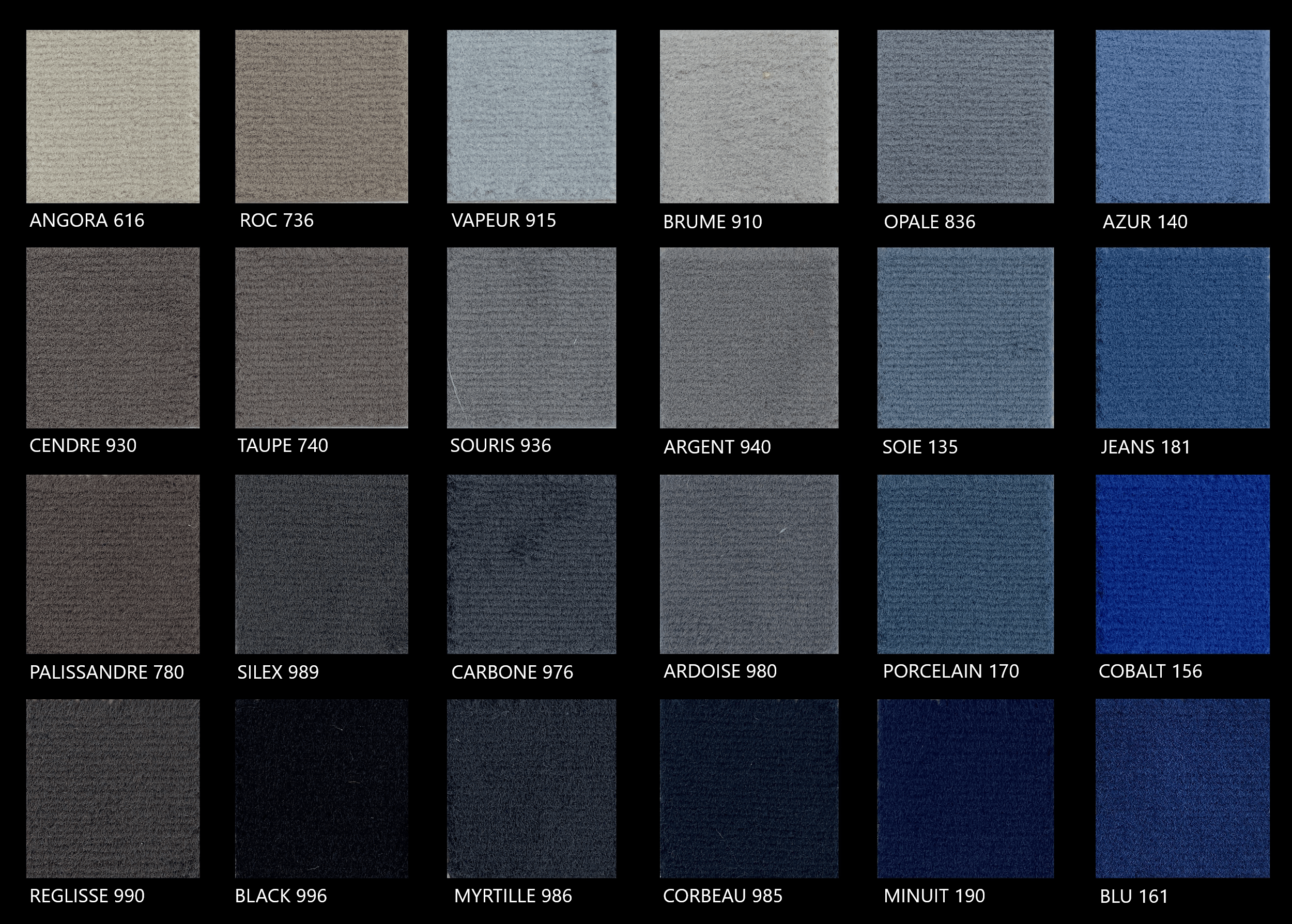 Palette di campioni di tessuto con varie sfumature di colori, ognuno etichettato con nome e codice numerico, tra cui angora, roc, vapeur, brume, opale, azur, cendre, taupe, souris, argent, soie, jeans, palissandre, silex, carbone, ardoise, porcelaine, cobalt, réglisse, black, myrtille, corbeau, minuit, blu.