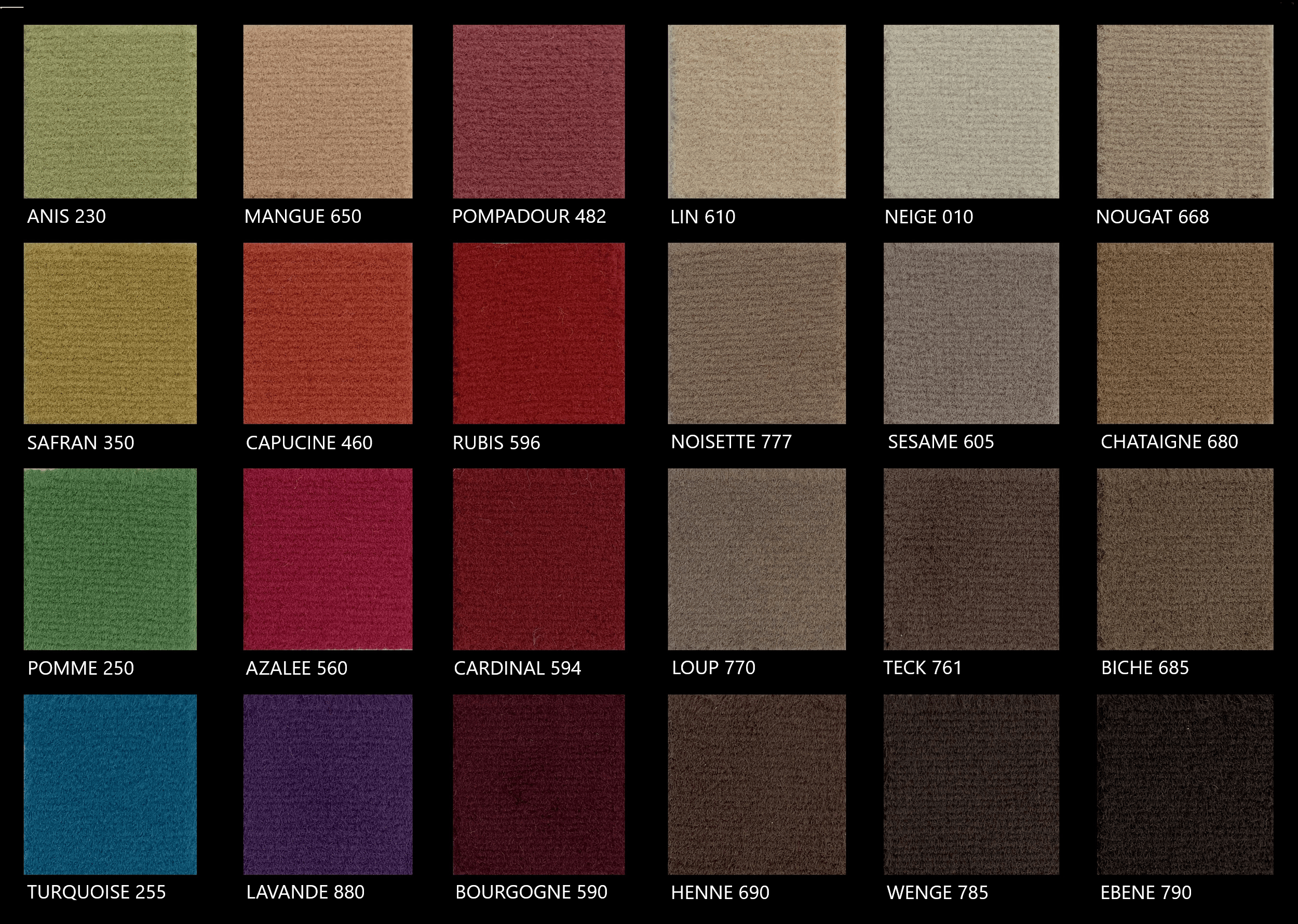 Tavolozza di colori con nomi e codici, tra cui ANIS, MANGUE, POMPADOUR, LIN, NEIGE, NOUGAT, SAFRAN, CAPUCINE, RUBIS, NOISETTE, SESAME, CHATAIGNE, POMME, AZALEE, CARDINAL, LOUP, TECK, BICHE, TURQUOISE, LAVANDE, BOURGOGNE, HENNE, WENGE, EBENE.