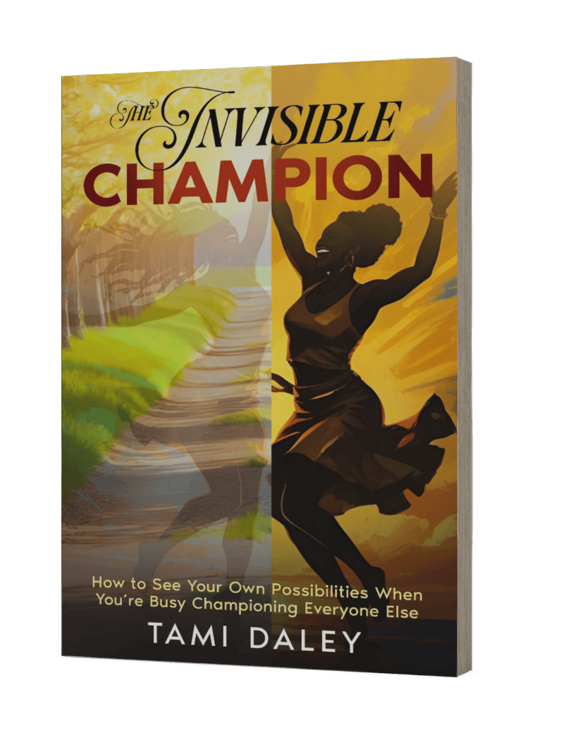 Book cover titled 'The Invisible Champion' by Tami Daley featuring an illustration of a joyful woman running with arms raised against a yellow sunset background.