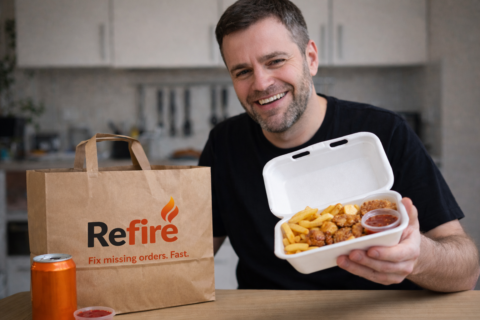 A man with a beard smiling, holding a takeout food container with fries, fried chicken pieces, and dipping sauce. A paper bag with the Refire logo and a can of soda sit on the table.