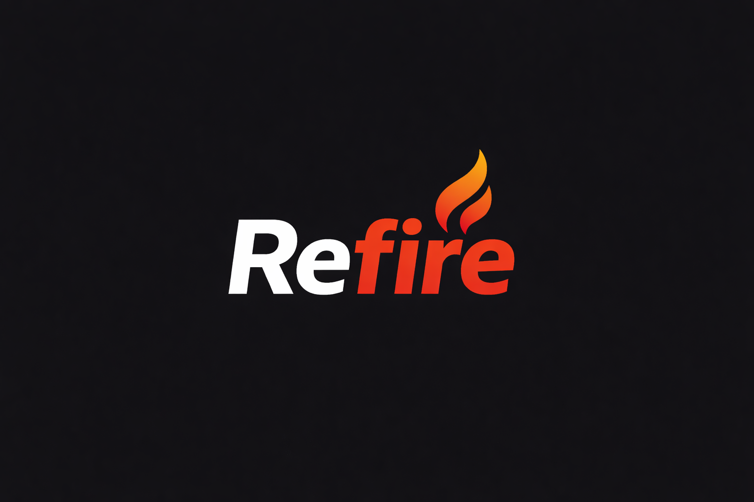 The image shows a black background with the word 'Refire' written in white and red text, and a stylized flame icon above the 'i' in red and orange.