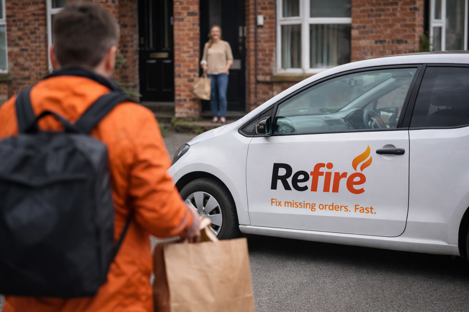 A delivery person in an orange jacket and black backpack holding a brown paper bag standing in front of a white car with the logo 'Refire' and the slogan 'Fix missing orders. Fast.' on its side, in a residential neighborhood with a woman carrying shopping bags standing at the door of a brick house.