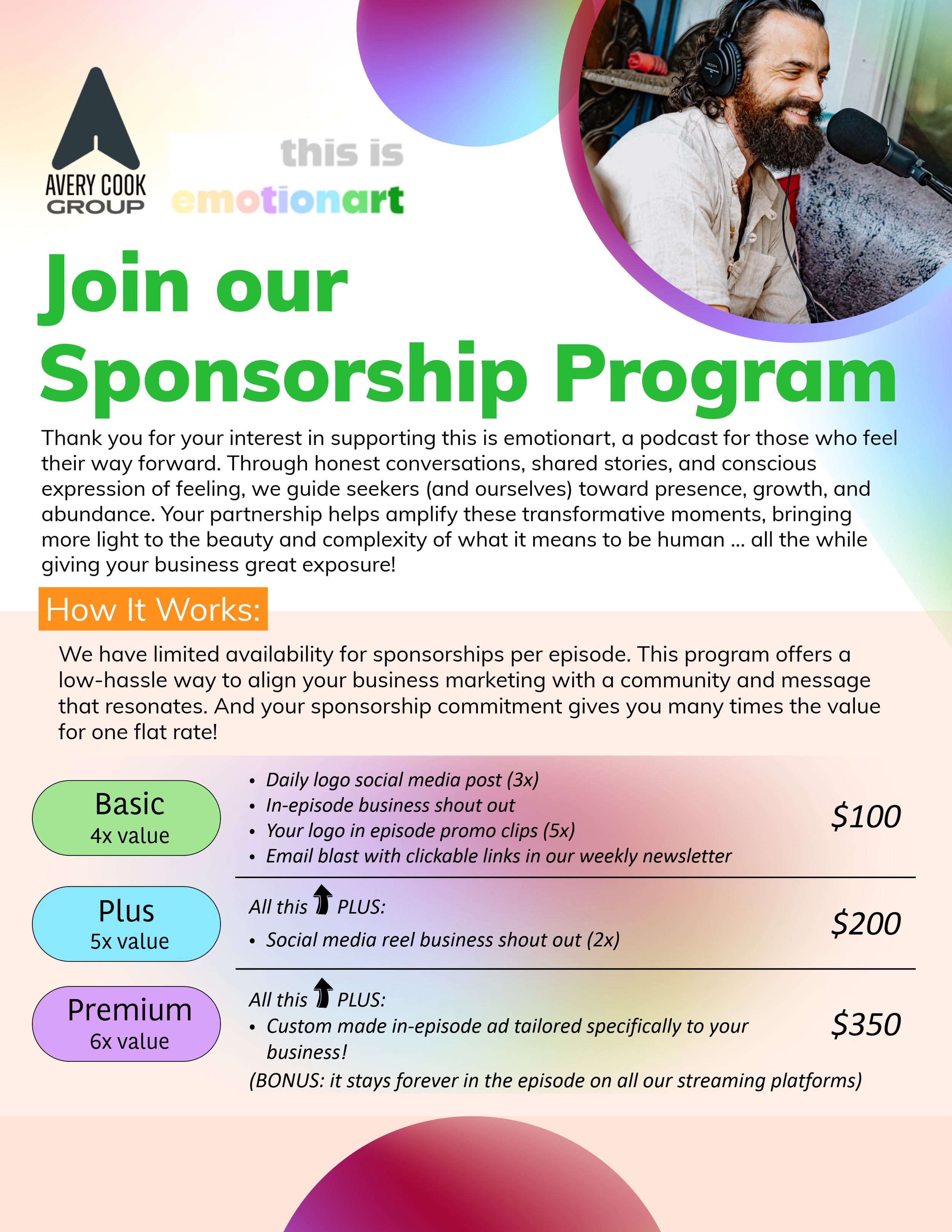 A promotional flyer for the 'this is emotionart' podcast sponsorship program by Avery Cook Group, showing a smiling man with headphones speaking into a microphone, with colorful graphic design and text detailing sponsorship packages and pricing.