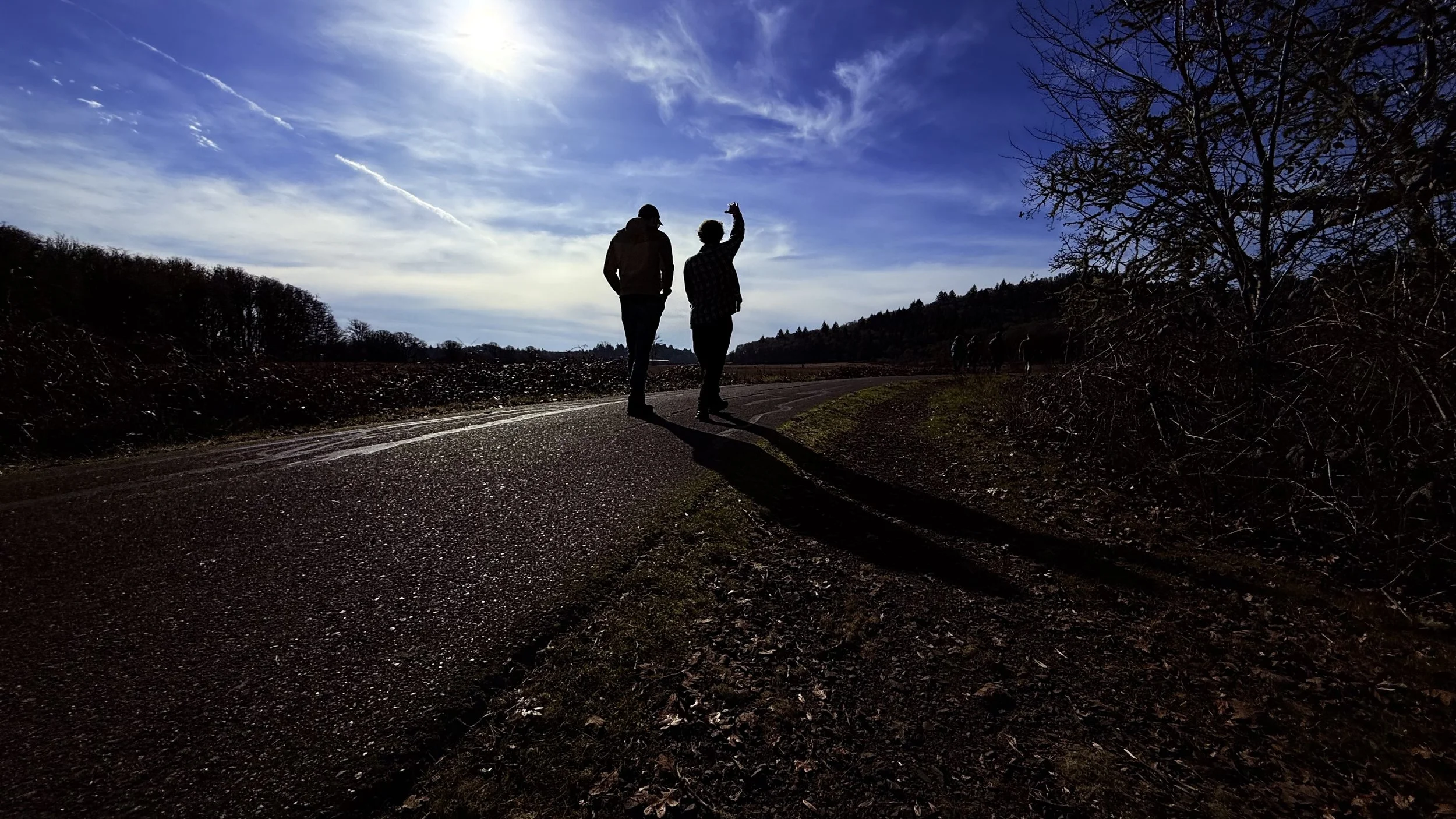 Two people walking on a road in a rural area during sunset, with trees on the side and a partly cloudy sky.