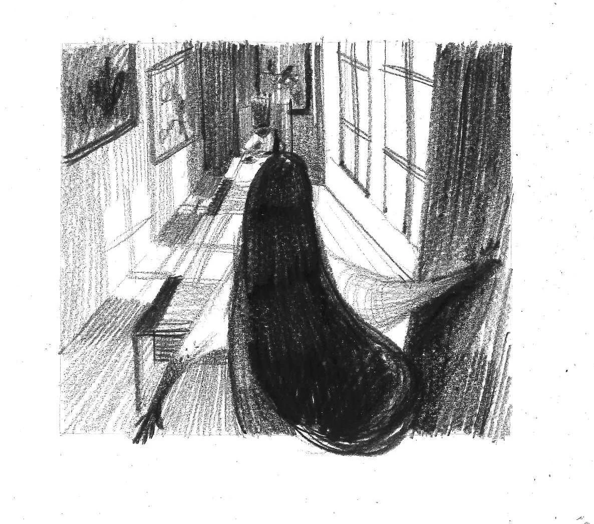 Disegno a matita di una stanza con una finestra, un tavolo e una persona seduta, vista da dietro