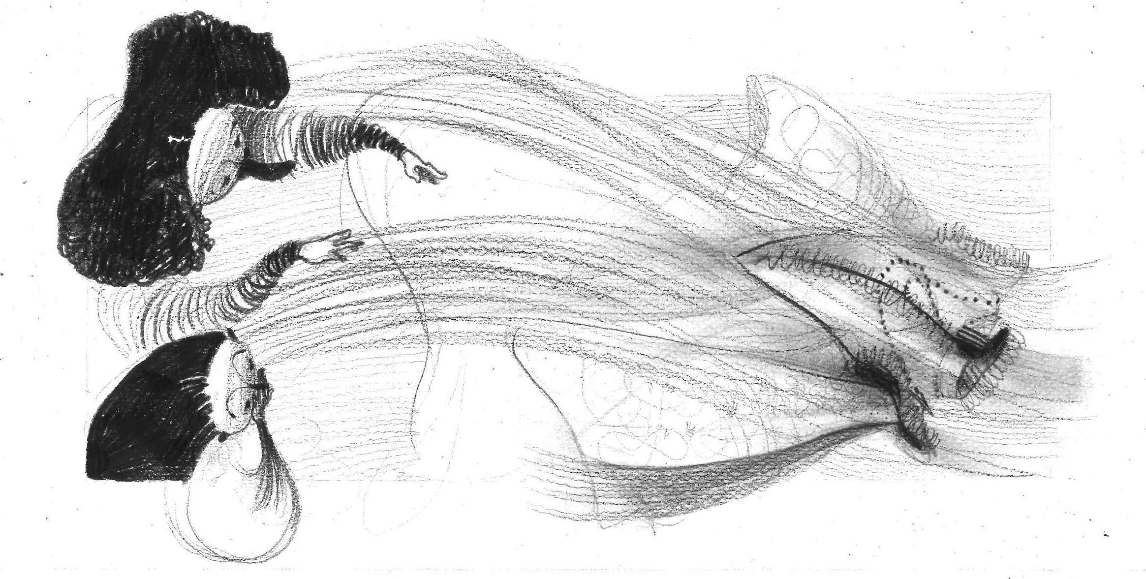 Schizzo di una donna con capelli ricci lunghi che tiene un oggetto in mano, con linee di movimento che mostrano azione o concentrazione, in bianco e nero.