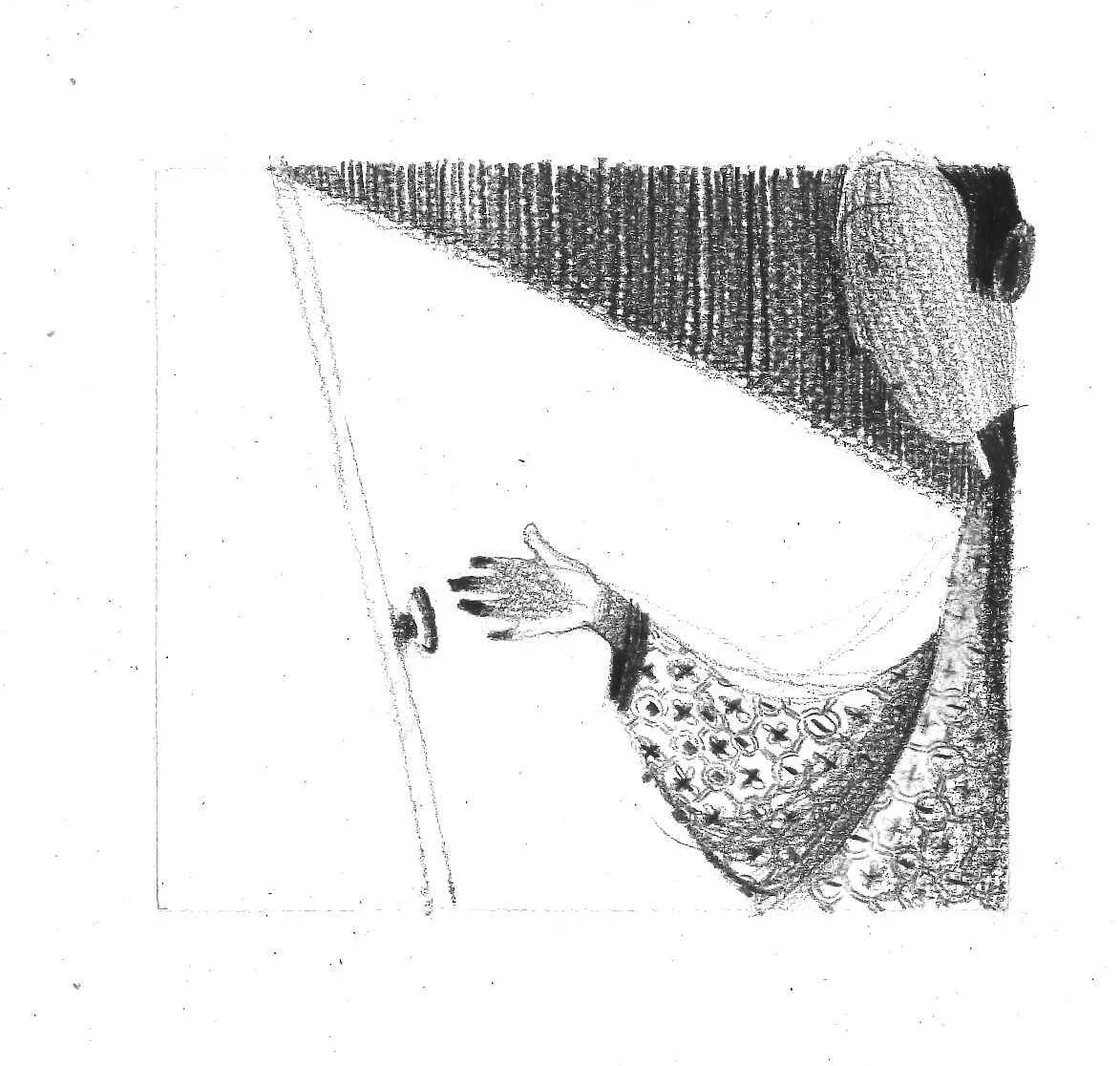 Una persona seduta ad un tavolo che scrive o disegna. L'immagine è in bianco e nero con dettagli tattili.