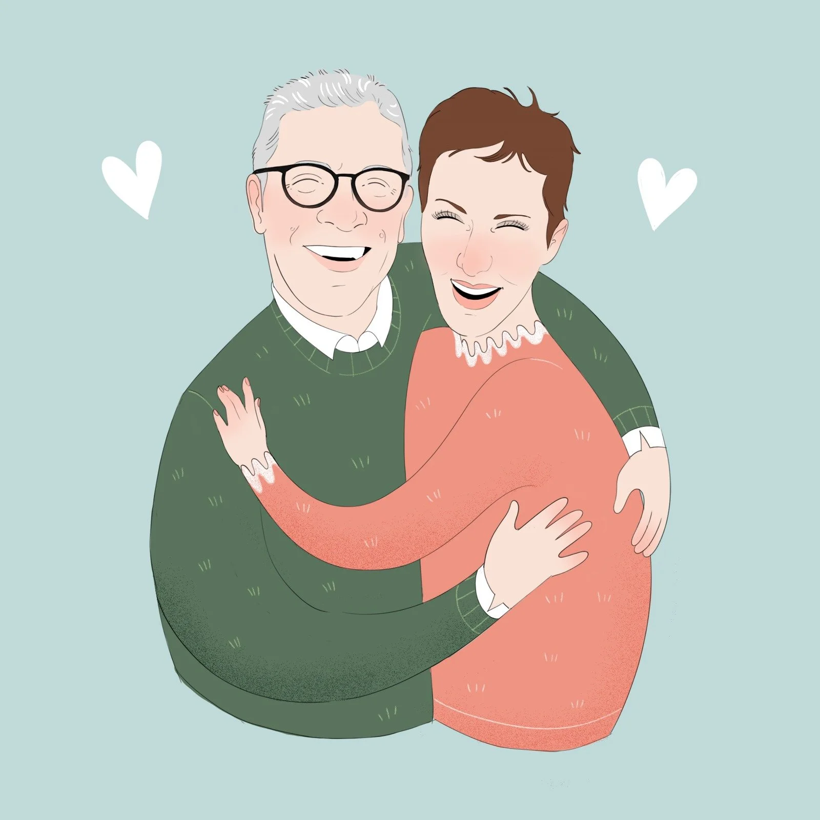 Illustrazione di una coppia che si abbraccia e sorride felice, con cuori bianchi sullo sfondo.