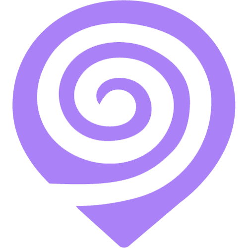 Un'icona a forma di spirale viola alloggiata in un puntatore sulla mappa, simbolo di localizzazione o posizione.