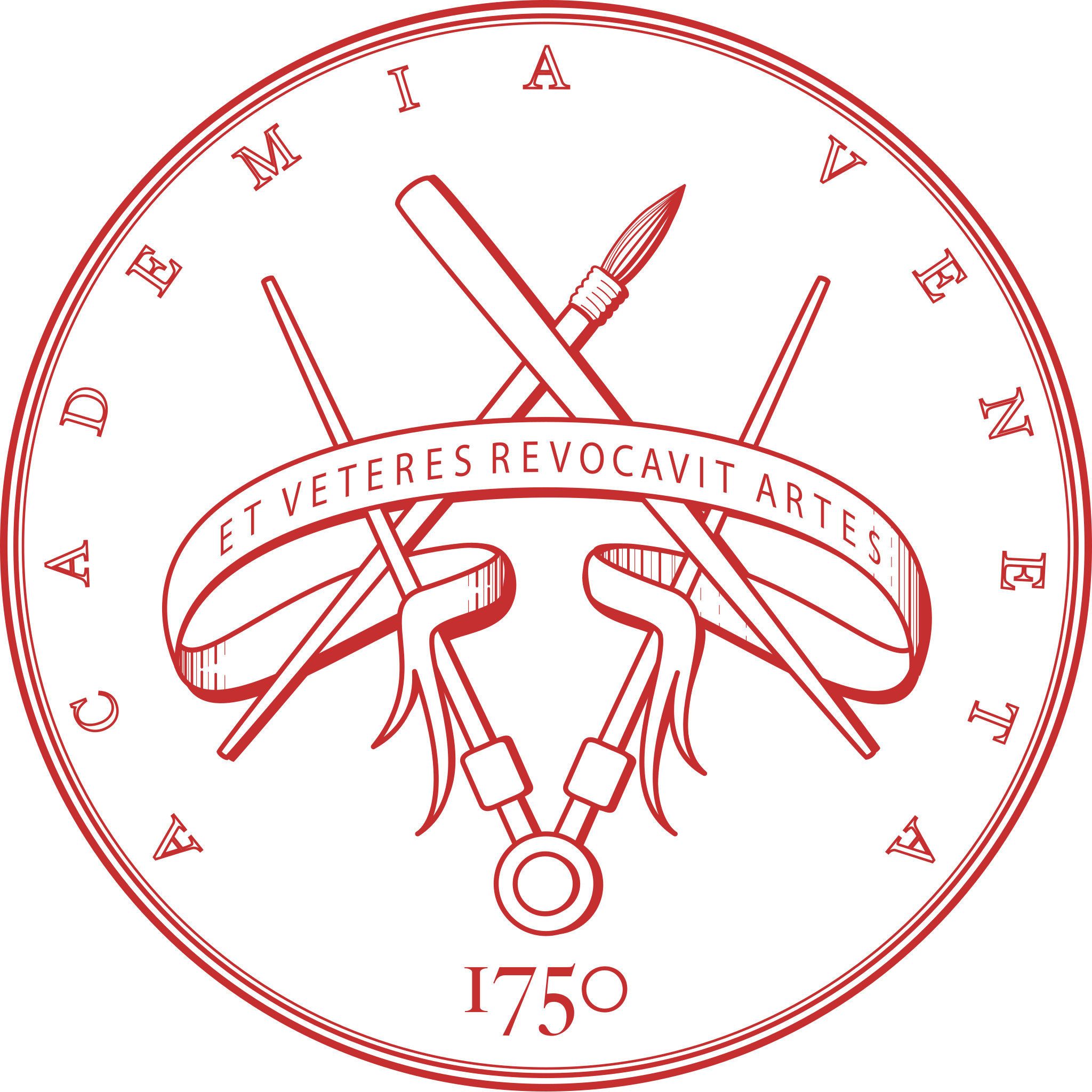 Logo di un orologio circolare con strumenti da artista, pennelli e forbici, e una fascia con scritto 'ET VETERES REVOCAVIT ARTES'. Attorno, scritte in latino e il numero 1750.