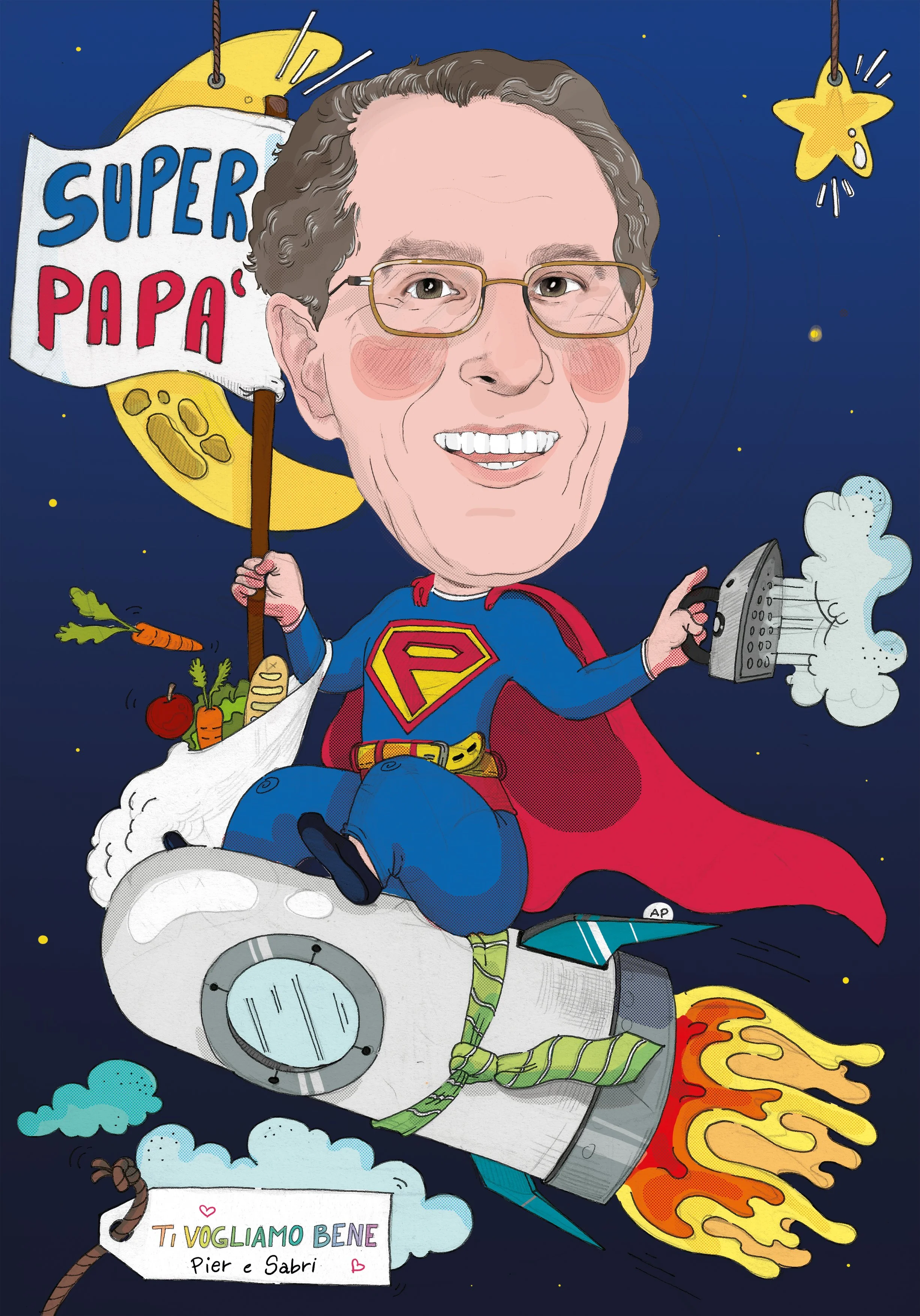 A detailed caricature of a person dressed as Superman flying through space on a rocket with flames, holding a flag that says "Super Papà" with a moon and stars in the background. The person is smiling, wearing glasses, and has a red cape. The scene i