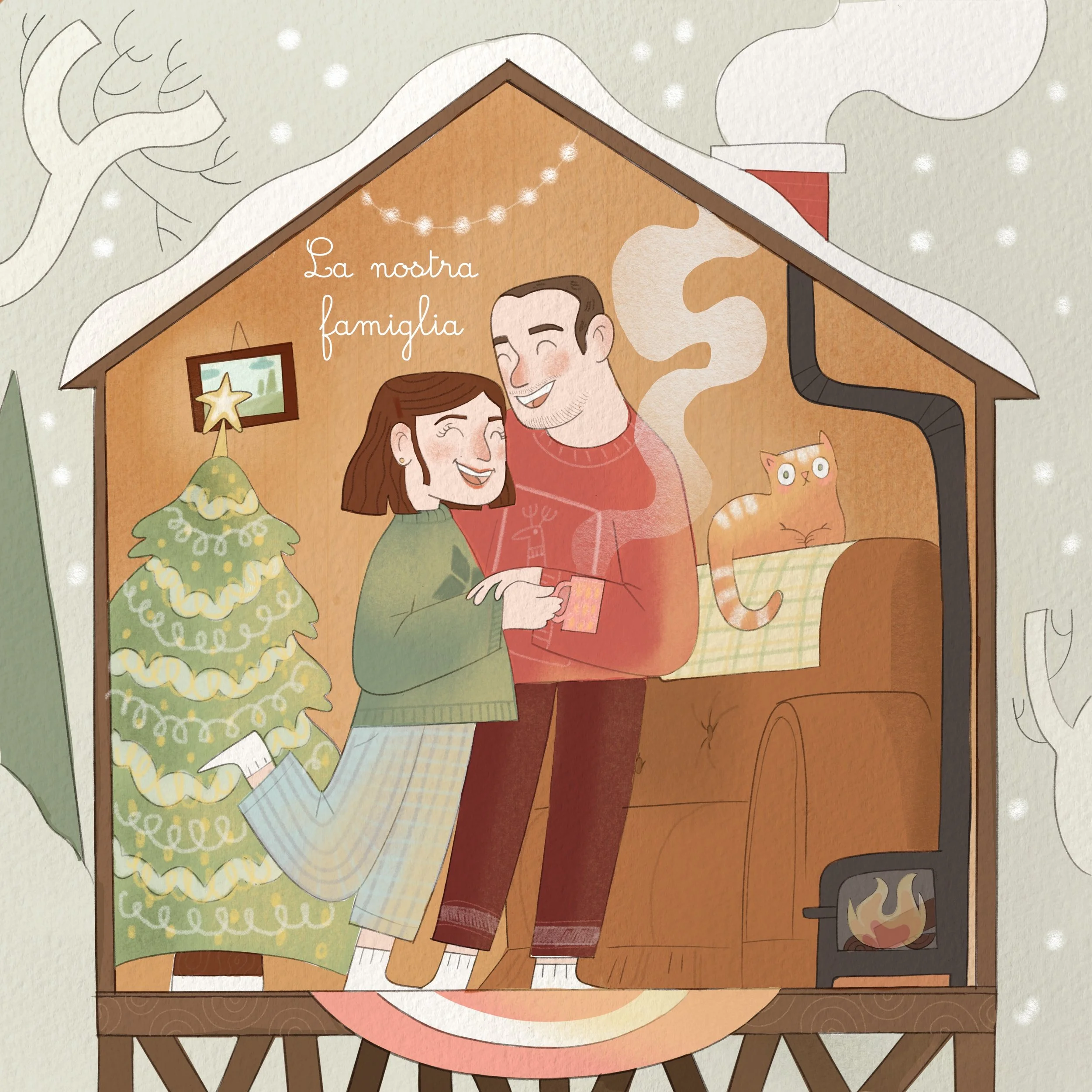 Illustration of a couple celebrating Christmas inside a cozy, snowy house with a fireplace, decorated Christmas tree, and a sleeping orange cat on a couch. The woman is kneeling and holding a card, while the man stands smiling, wearing sweaters. The 