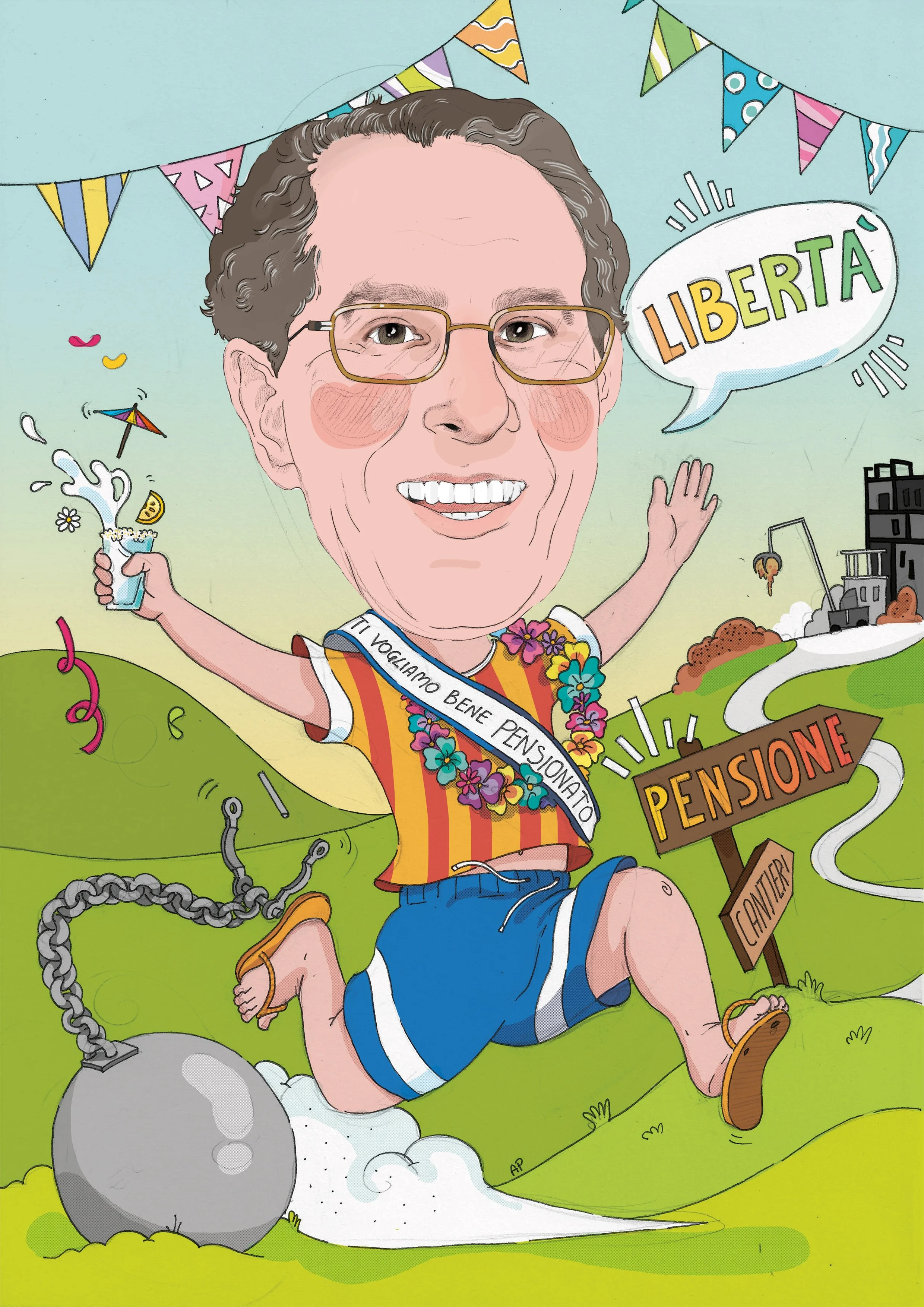 Cartoon of a cheerful elderly man running in a green landscape with a sign that says 'PENSIONE' and a sash that says 'Vogliamo Bene Pensionato.' The man wears glasses, a striped shirt, and shorts, and is surrounded by festive decorations like bunting