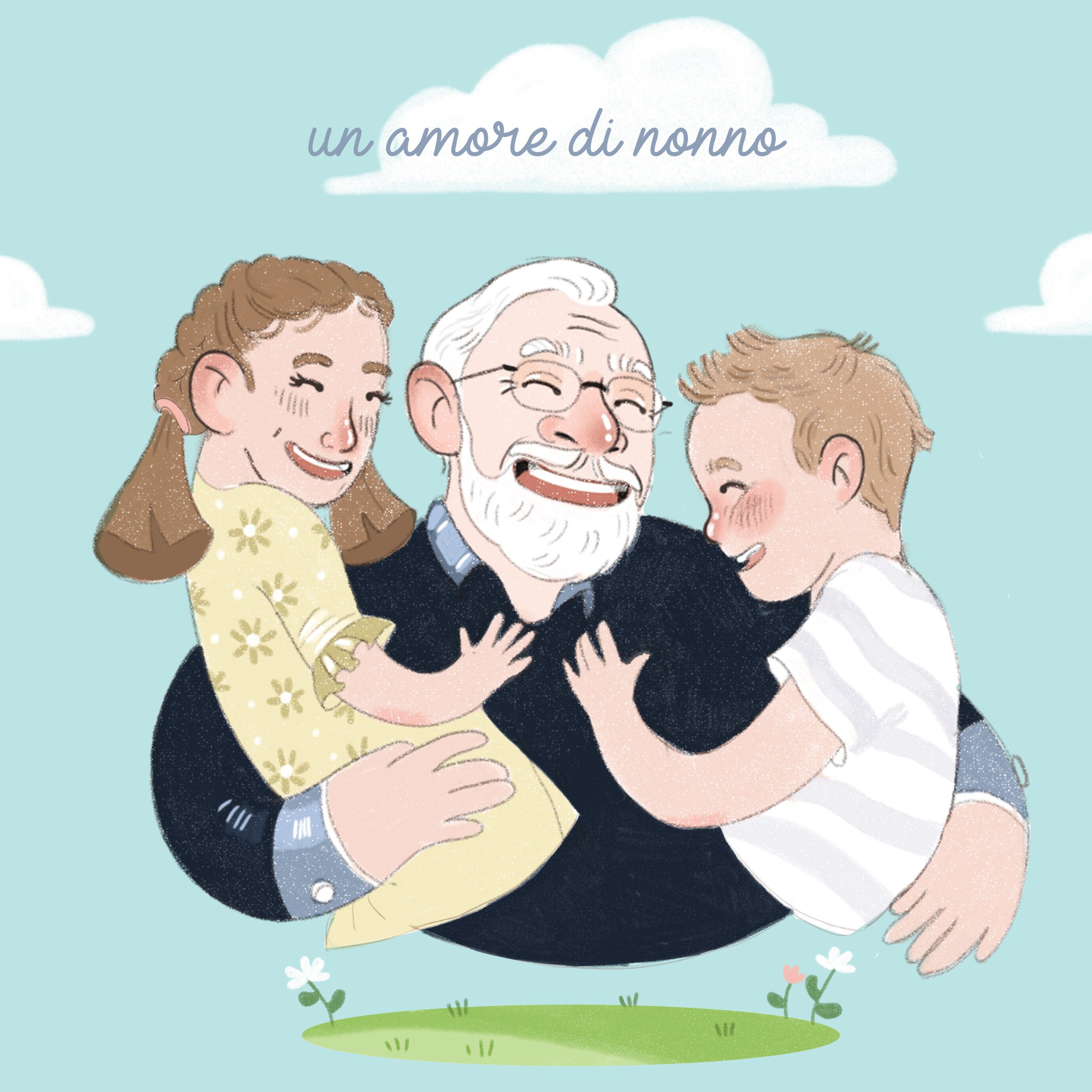 An illustration of a grandfather hugging a grandson and granddaughter, all smiling, with a cloudy sky background and green grass at the bottom. The Italian text 'un amore di nonno' is written above.