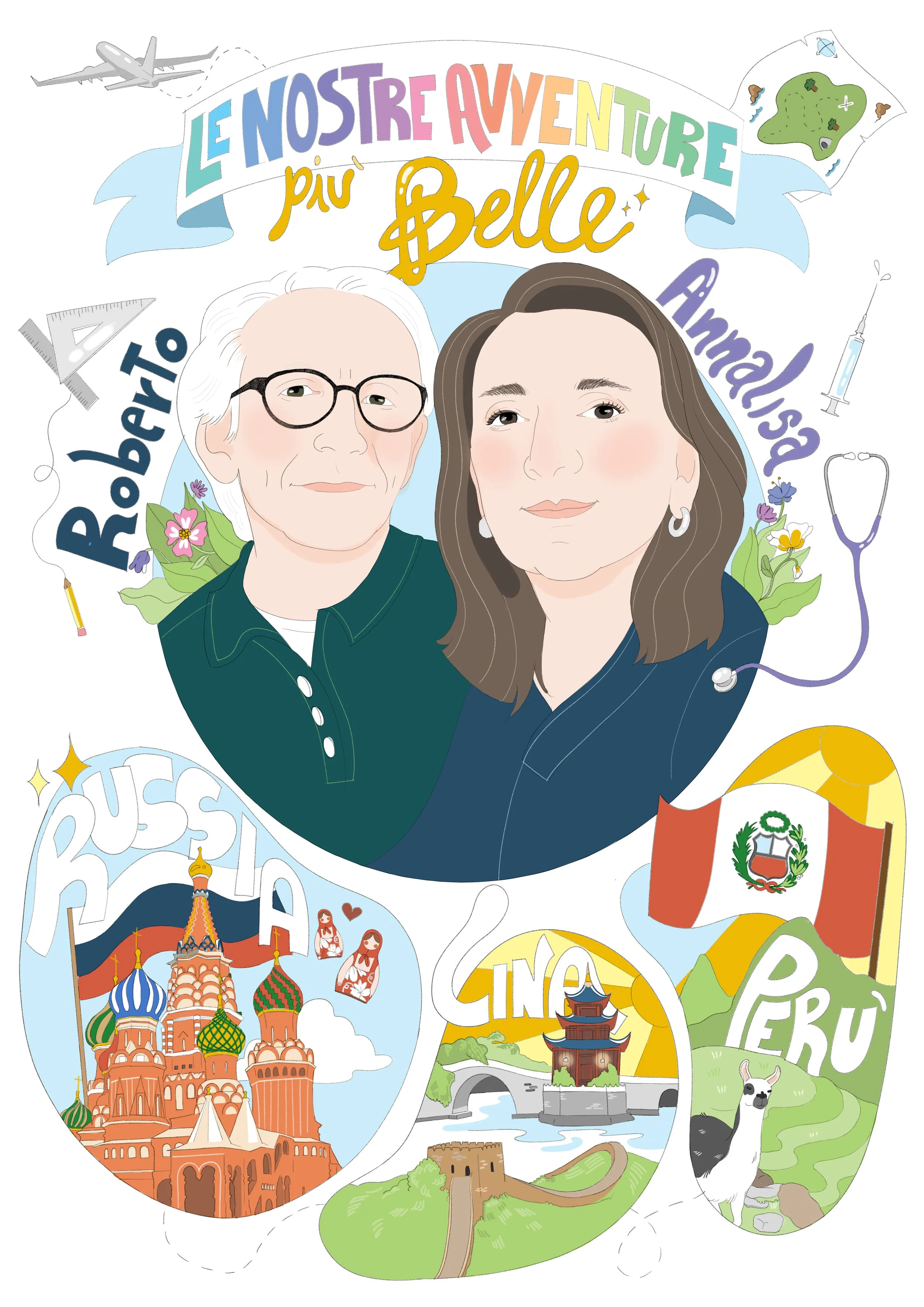 Illustration of a man and woman with travel-themed elements, including landmarks from Russia, China, and Peru, an airplane, a map, and local symbols.