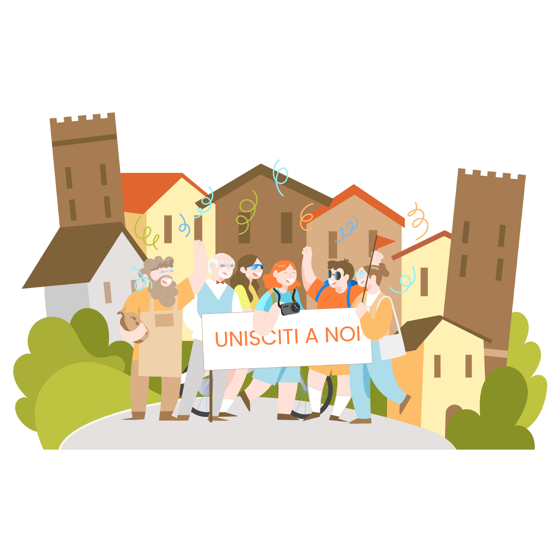 Gruppo di persone festeggiando con un cartello che dice 'Unisciti a noi' in un quartiere residenziale con case e vegetazione, decorato con nastri colorati.