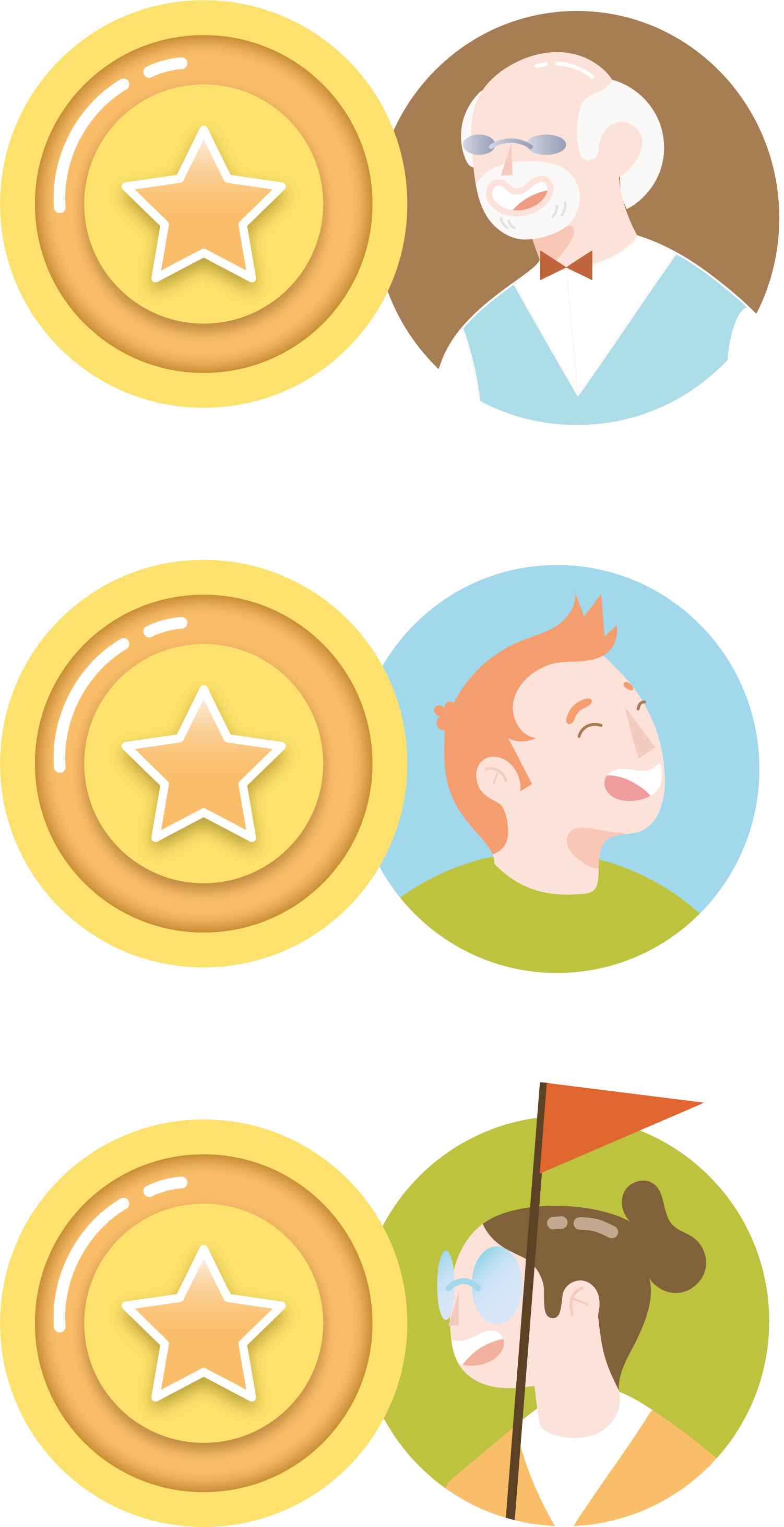Three colorful illustrated characters with medals and medals icons on a yellow background. The top character is an elderly man with glasses and a bow tie, the middle character is a young man with red hair, and the bottom character is a woman with gla