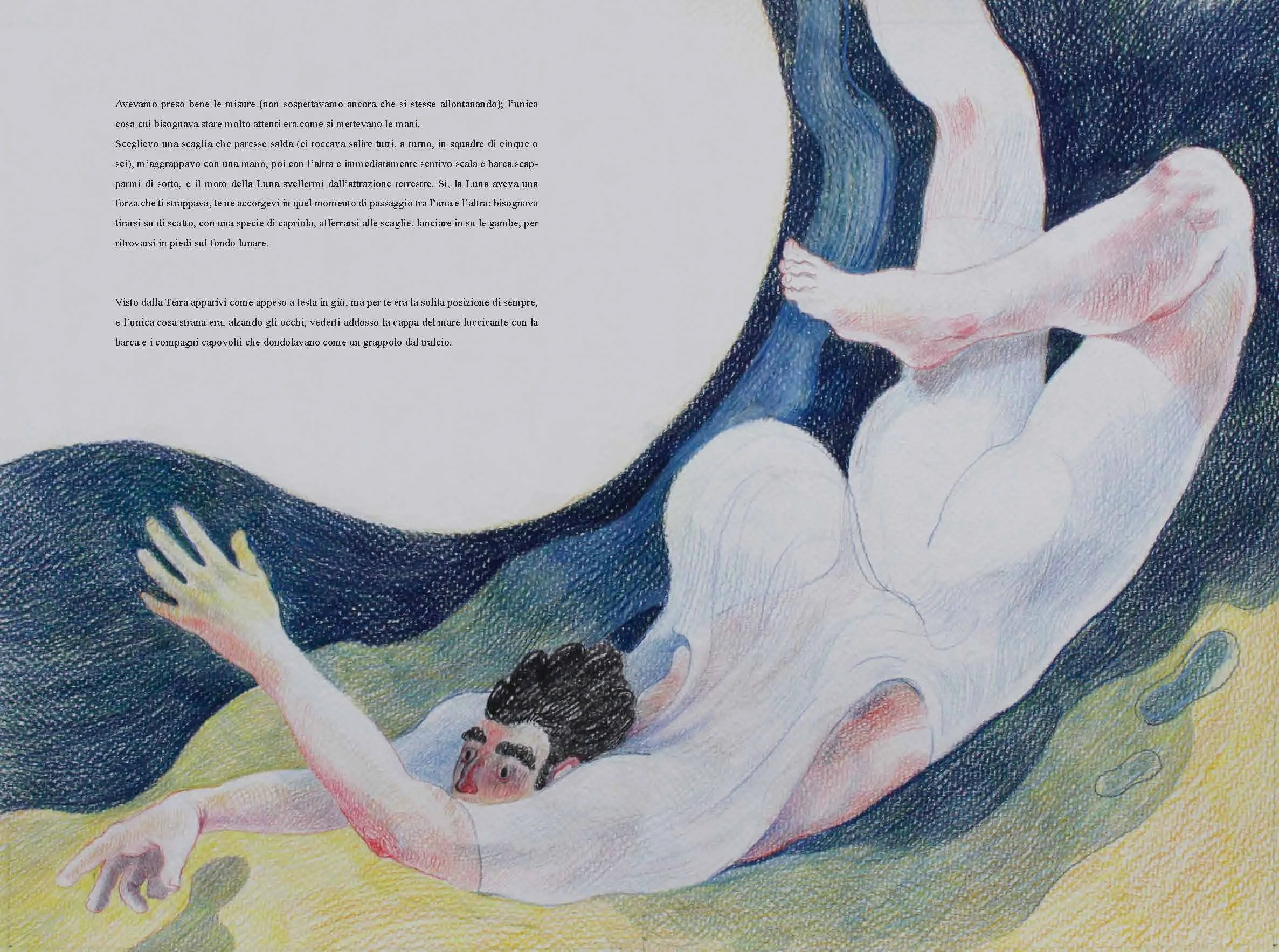 A drawing of a nude woman with long black hair lying on her back on a grassy surface, with her right arm stretched above her head and her left arm crossing her chest. There is a bunch of text in Italian on the upper left side of the image.