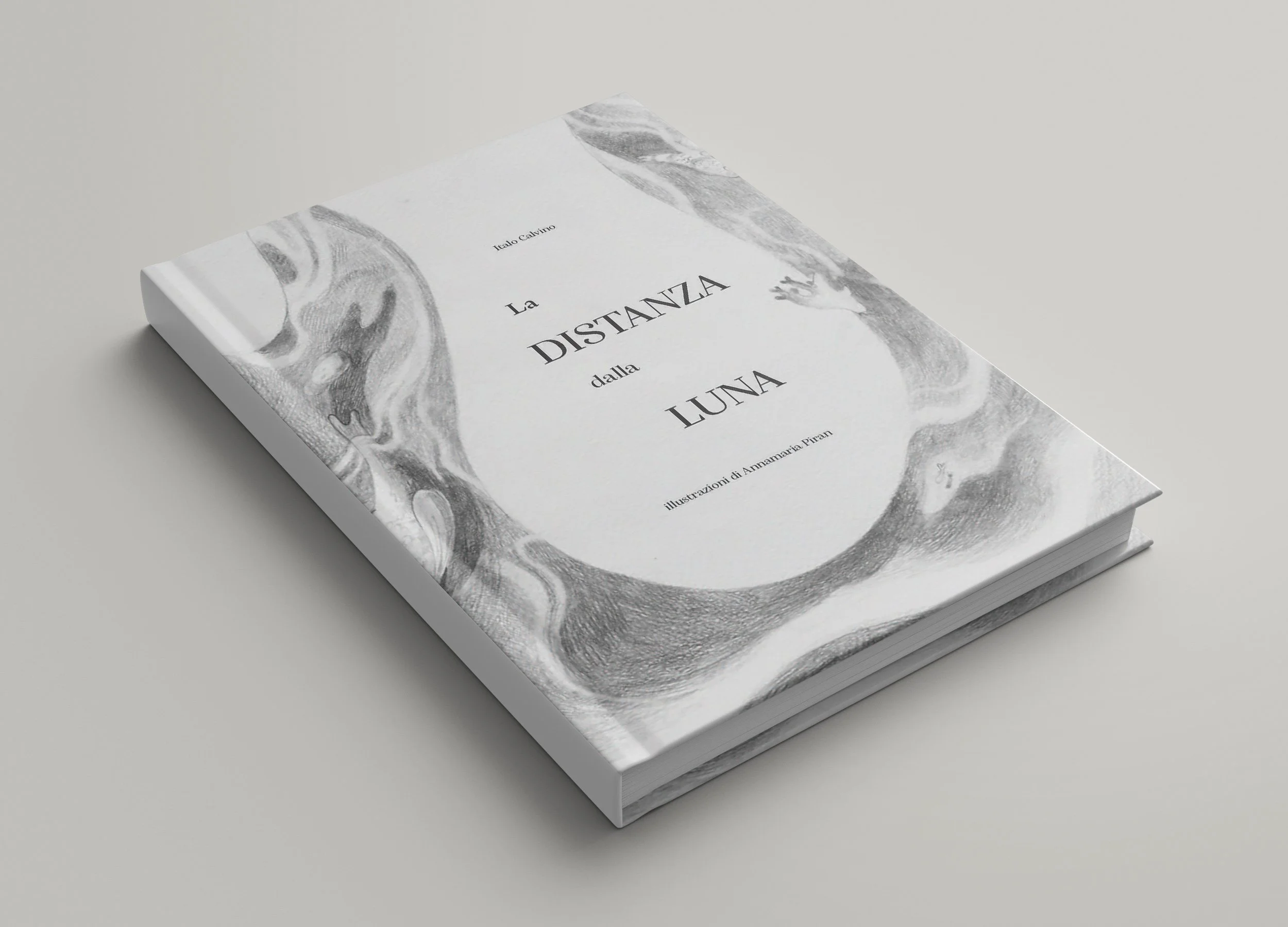 A white book titled "La Distanza dalla Luna" with a moon illustration on the cover, resting on a light gray surface.