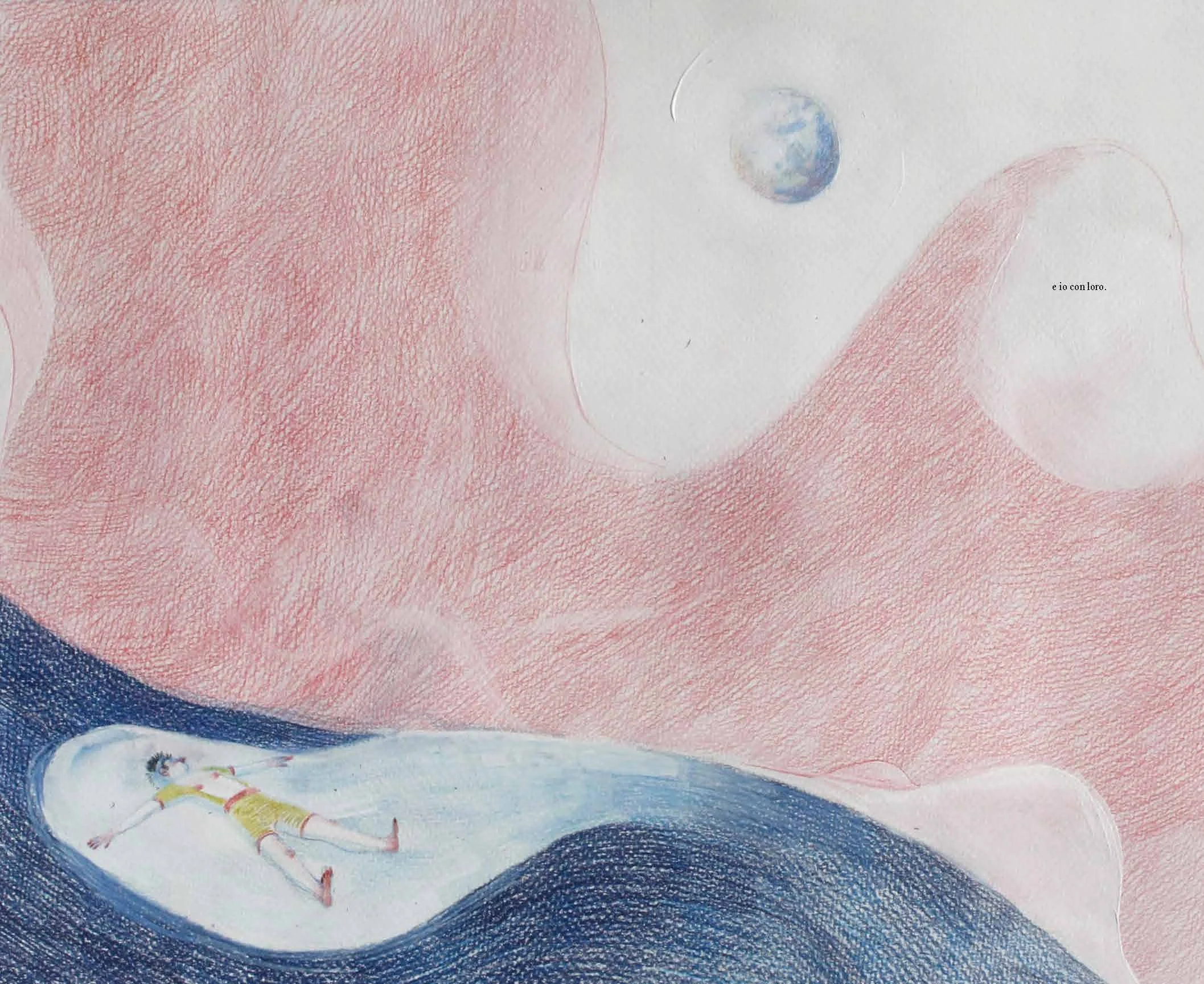 A child lying on a small boat-shaped raft in water, surrounded by abstract, colorful backgrounds.