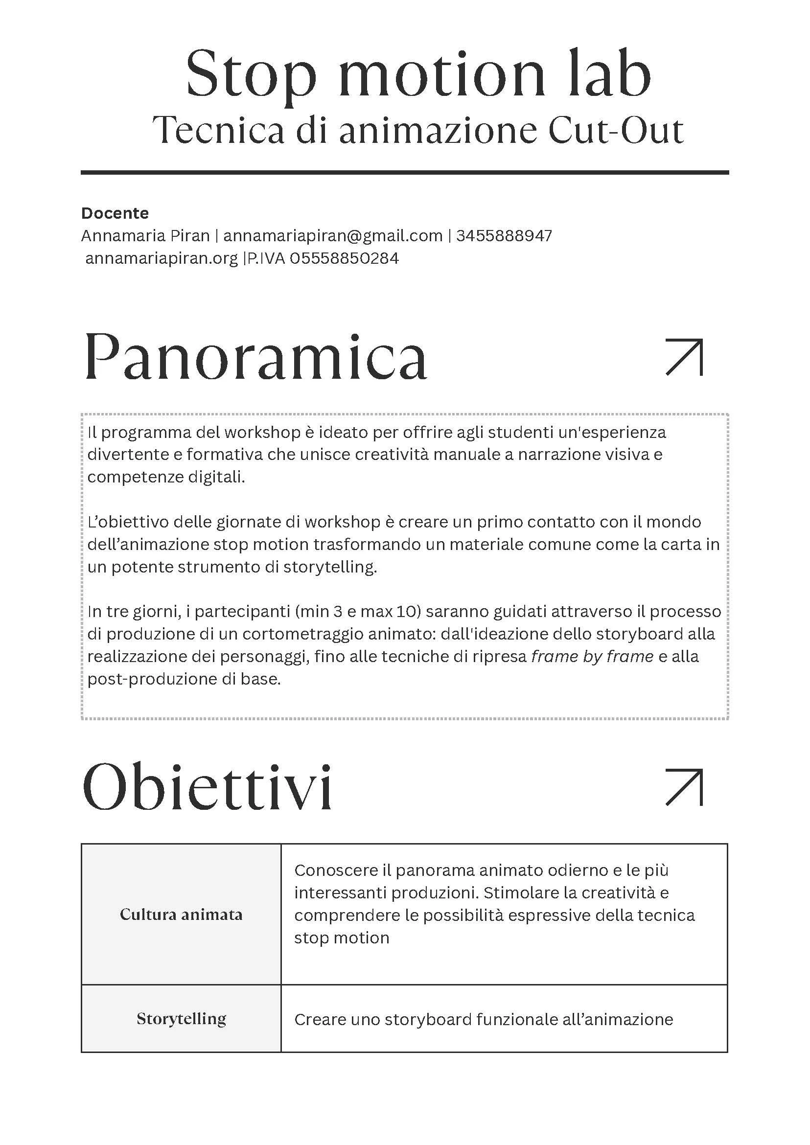Locandina di un laboratorio intitolato "Stop motion lab" dedicato alla tecnica di animazione cut-out, con dettagli sul docente, obiettivi e descrizione del corso, in italiano.