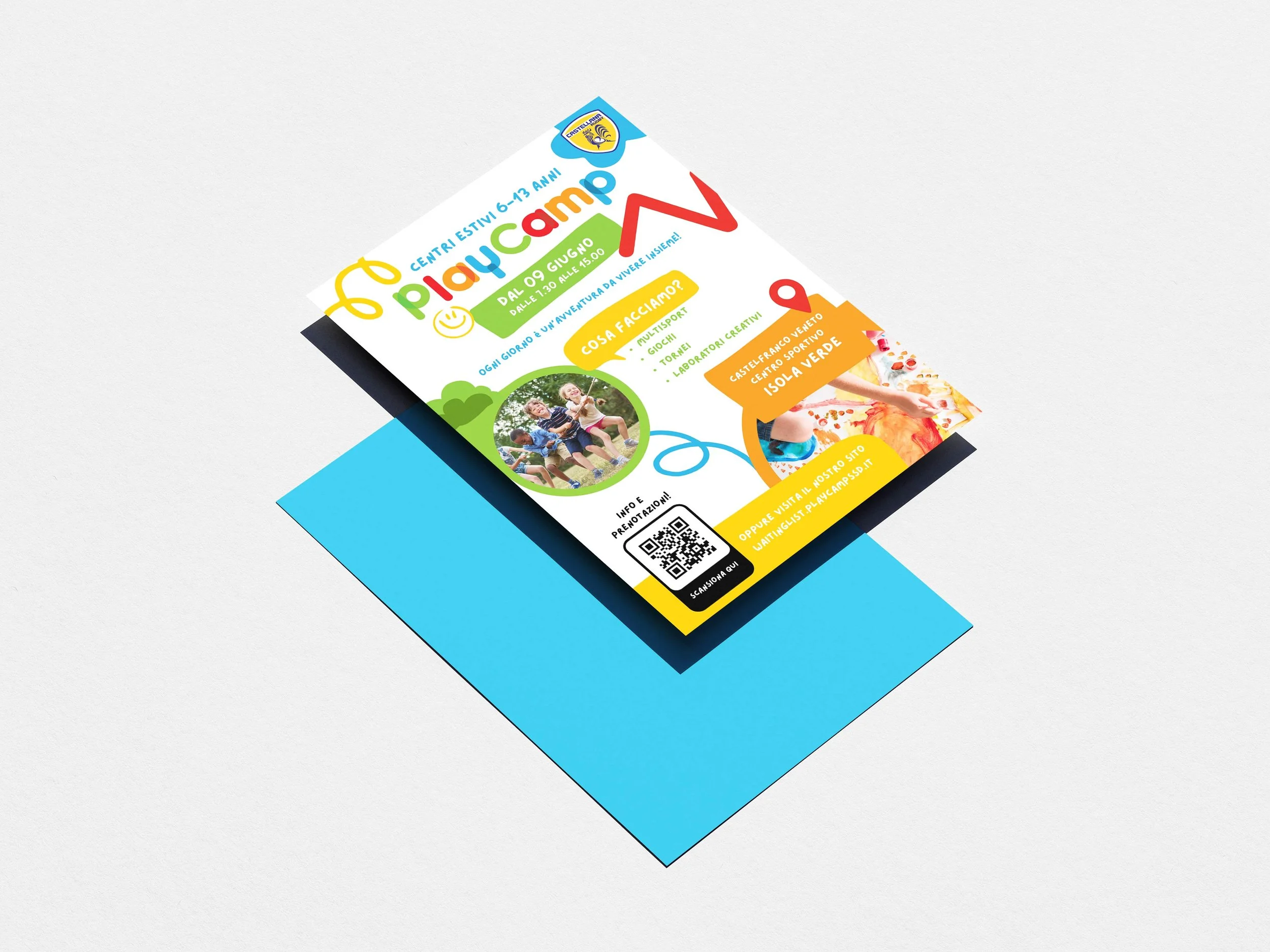 Locandina di un centro estivo per bambini di 6-13 anni, con dettagli su date, attività e contatto tramite QR code.