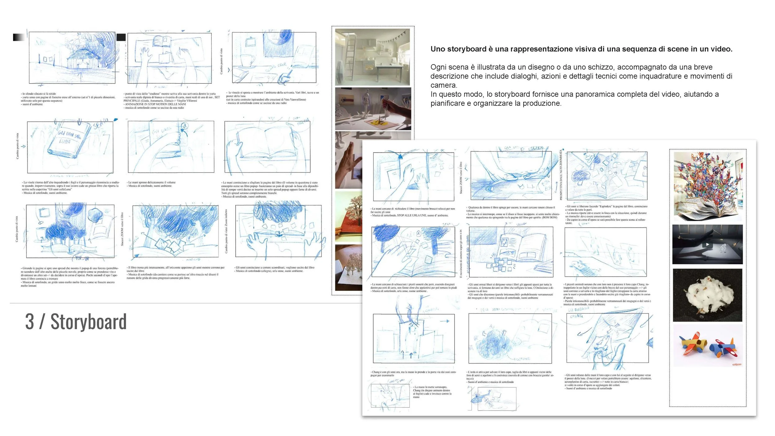 Due storyboard con disegni a mano in blu, testi descrittivi in italiano e alcune immagini di oggetti e scene, come libri, un ambiente interior e giocattoli vari. Sul lato destro del secondo storyboard, ci sono immagini fotografiche di un albero decor