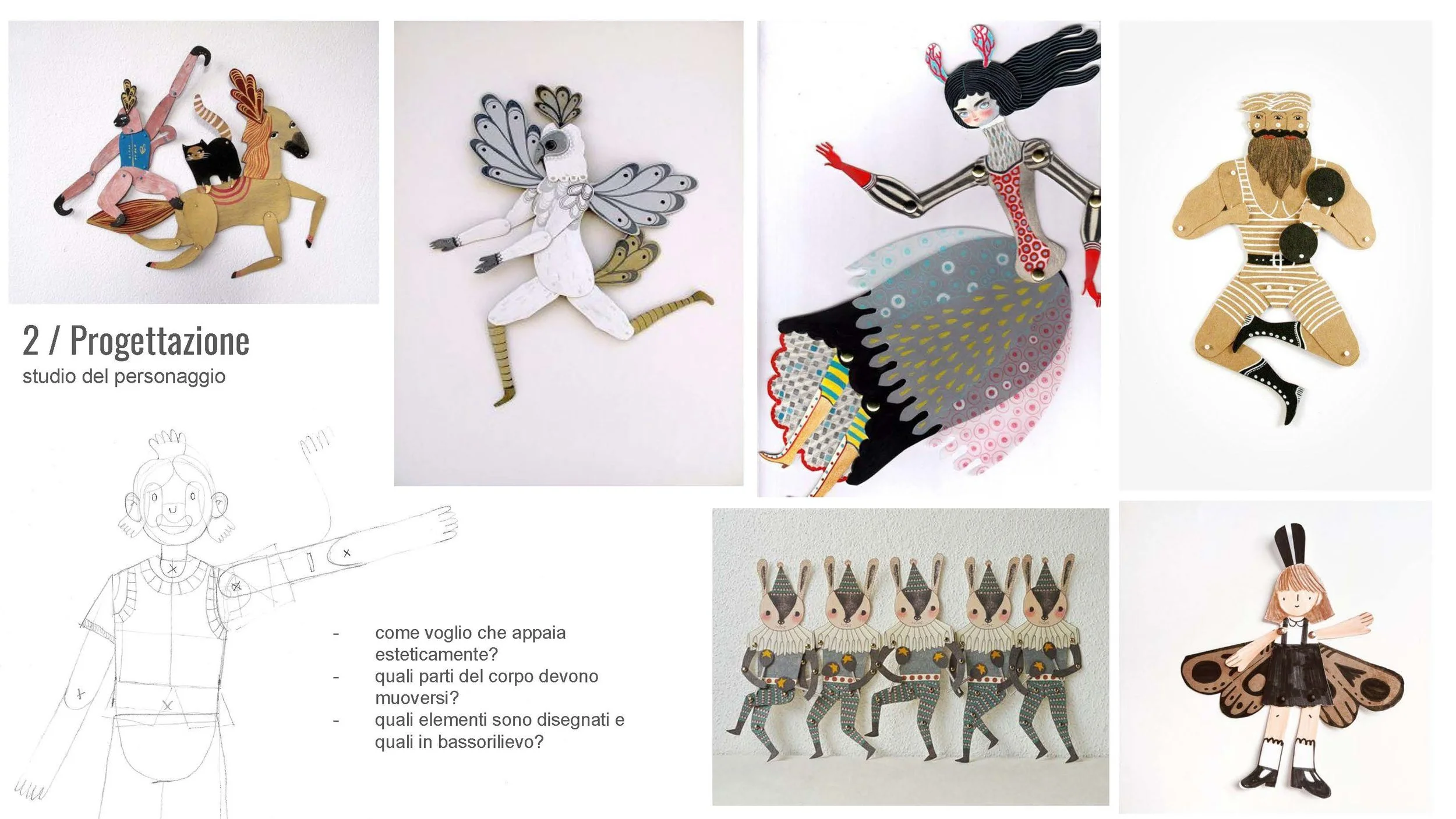 Disegni di marionette di vari personaggi, tra cui un cavaliere, una fatina, un uccello, un uomo muscoloso, una banda di conigli, una farfalla, e una bambina con orecchie da coniglio.