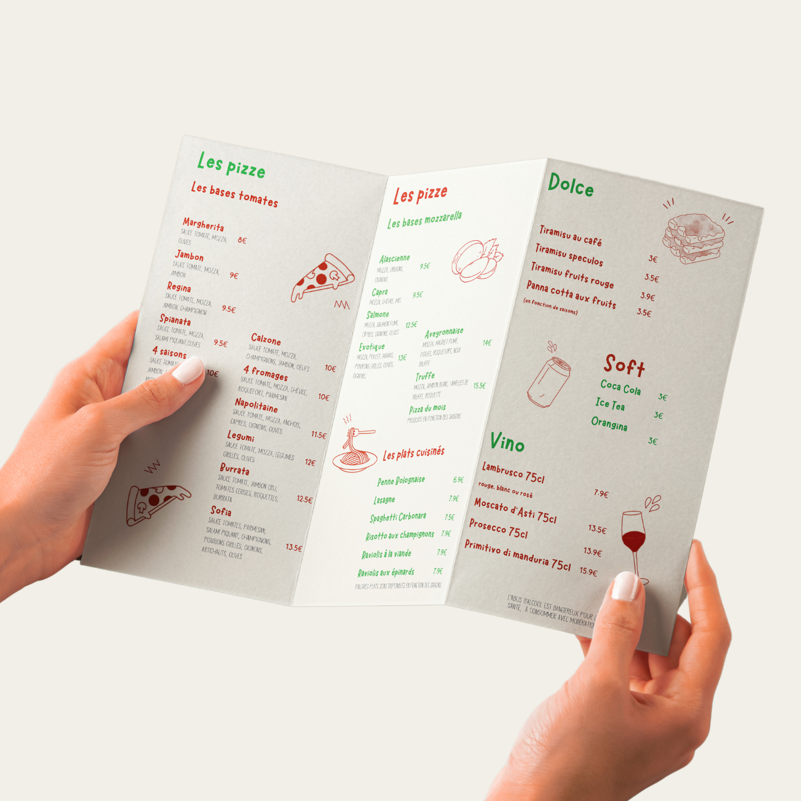 Menu de pizzeria avec sections pour pizzas, bases, plats cuisinés, vins, boissons douces et desserts, écrit en français avec illustrations de pizza et verre de vin.