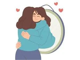 Two women hugging, with hearts above them, in front of a mirror.