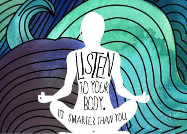 A person sitting in a meditative pose with a message saying 'Listen to your body. It's smarter than you.' surrounded by abstract swirling lines in blue and green.