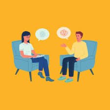 A woman and a man are having a conversation in a therapy or counseling session, seated in chairs with speech bubbles above their heads indicating dialogue.
