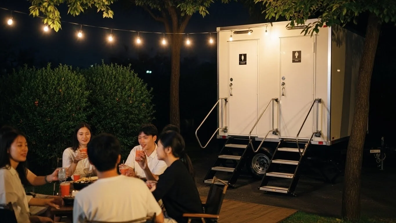Five people sitting around a table outdoors at night, enjoying drinks, with string lights above and a portable restroom trailer behind them.